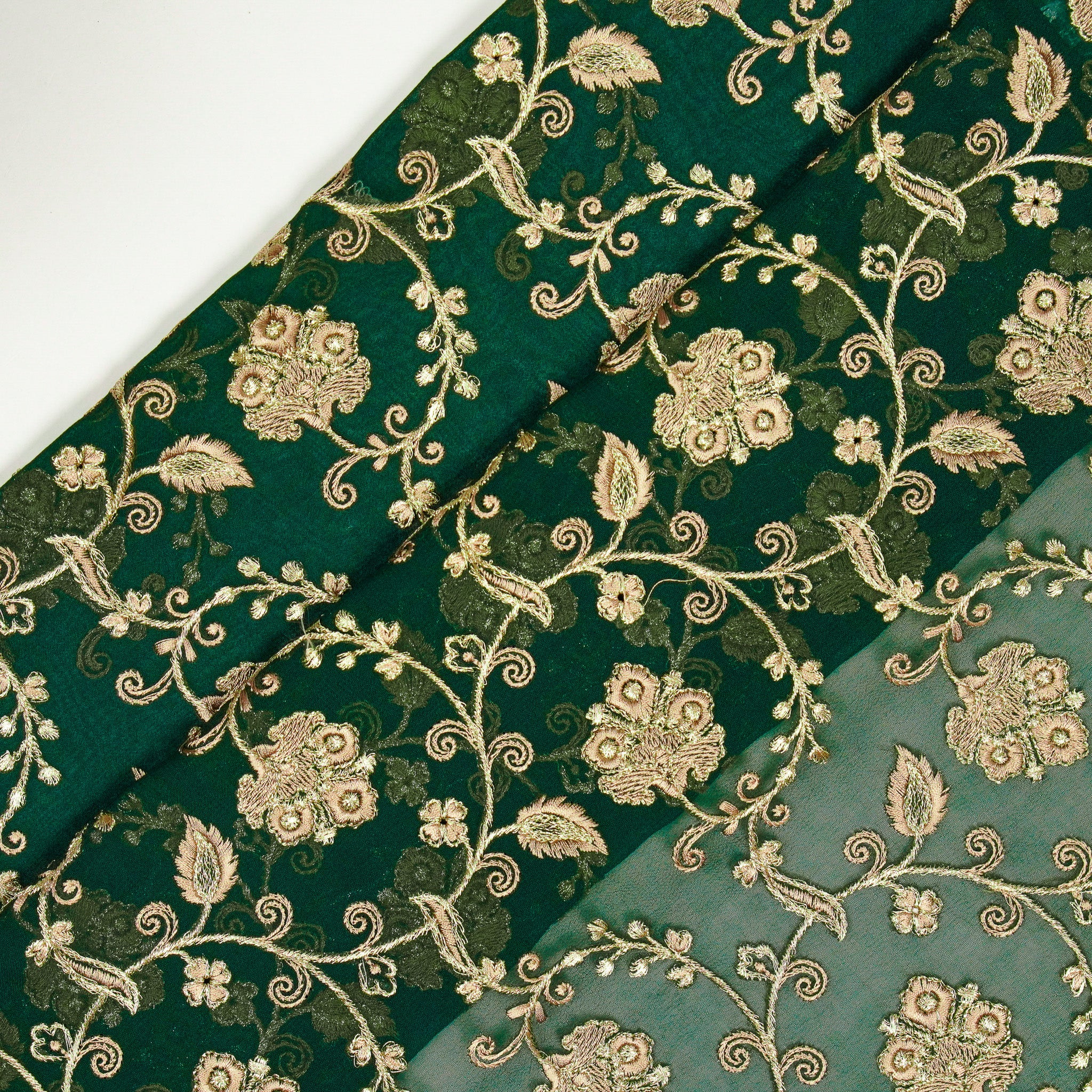 Aliya Bottle Green Viscose Georgette Embroidered Fabric in Jaal Pattern