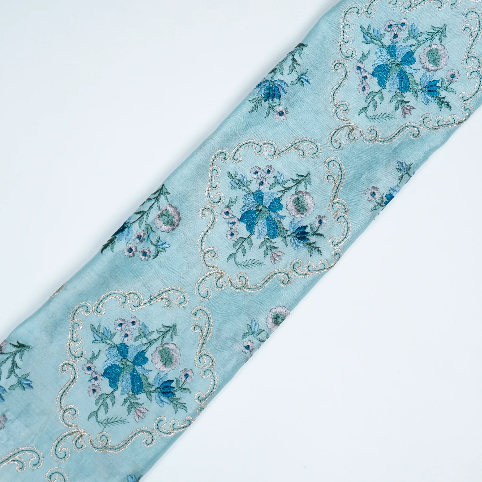 Aliza Aqua Chanderi Embroidered Fabric in Jaal Pattern - Image 4