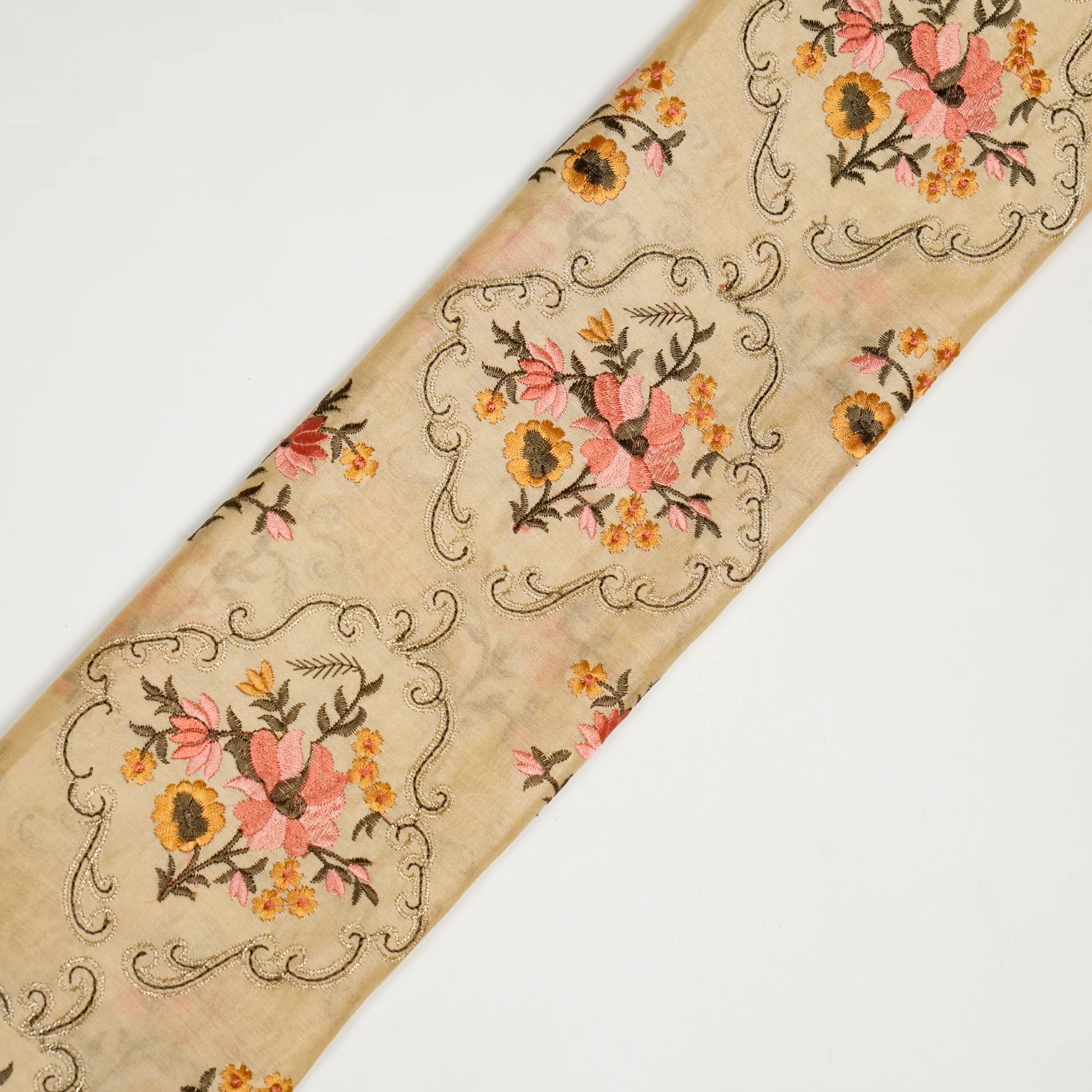 Aliza Beige Chanderi Embroidered Fabric in Jaal Pattern - Image 4
