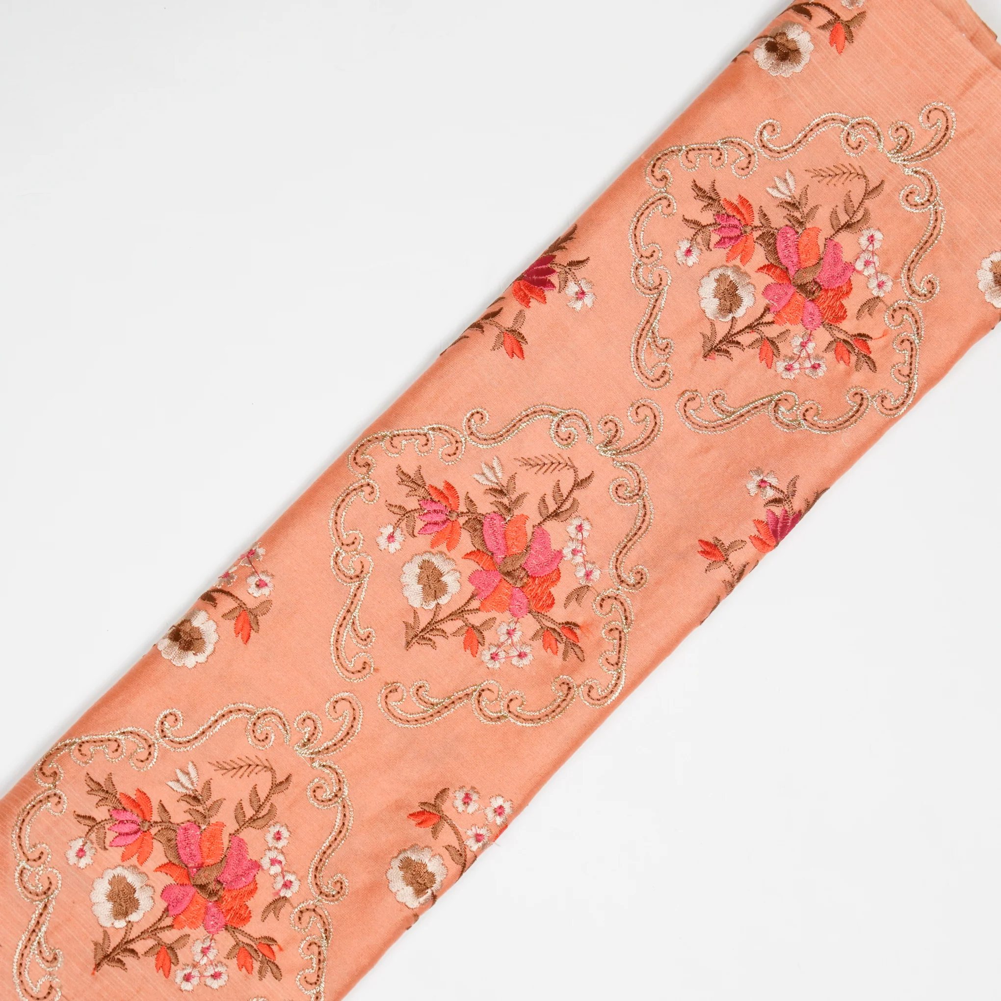 Aliza Deep Peach Chanderi Embroidered Fabric in Jaal Pattern - Image 4