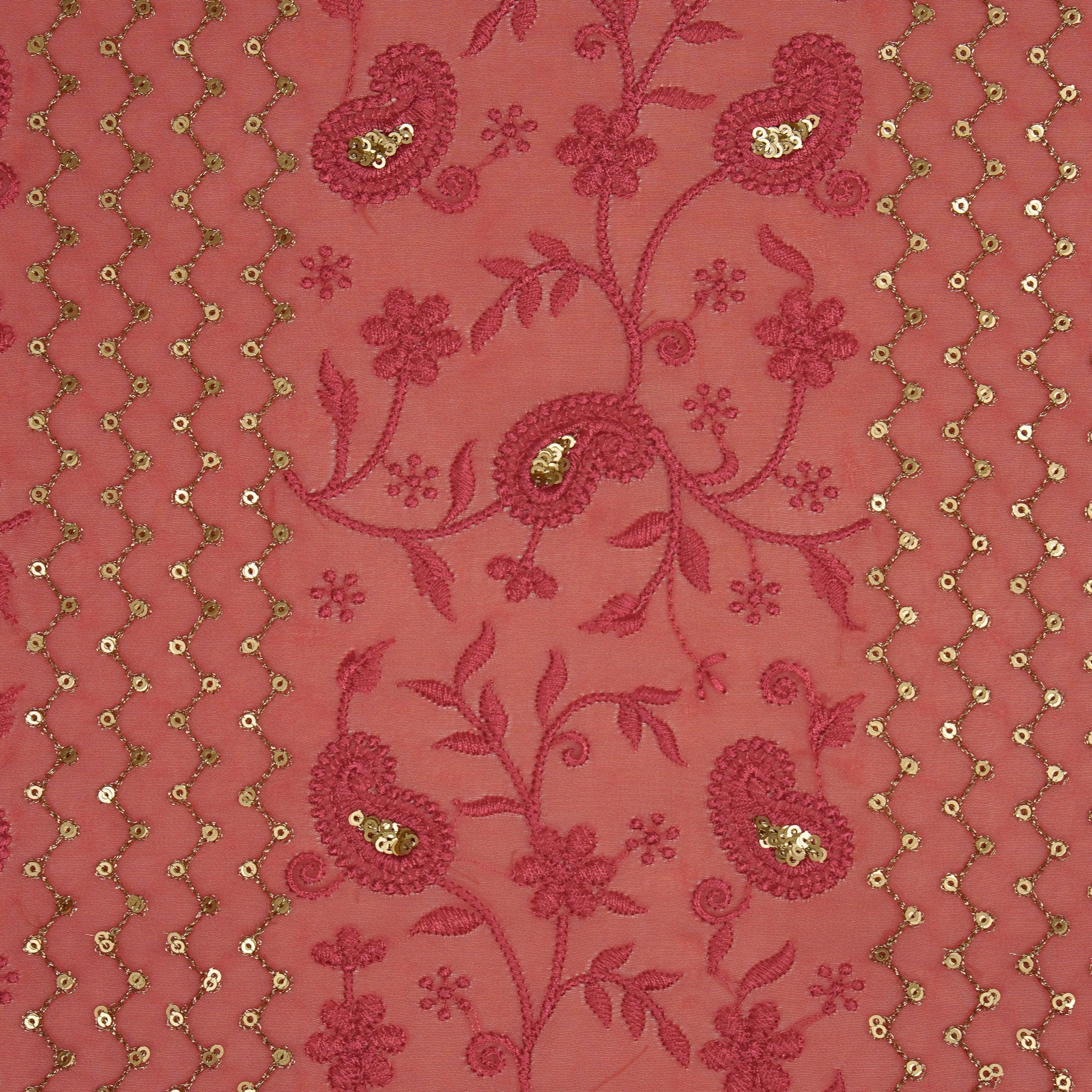 Amena Sequins Tomato Red Viscose Georgette Embroidered Fabric in Jaal Pattern - Image 3