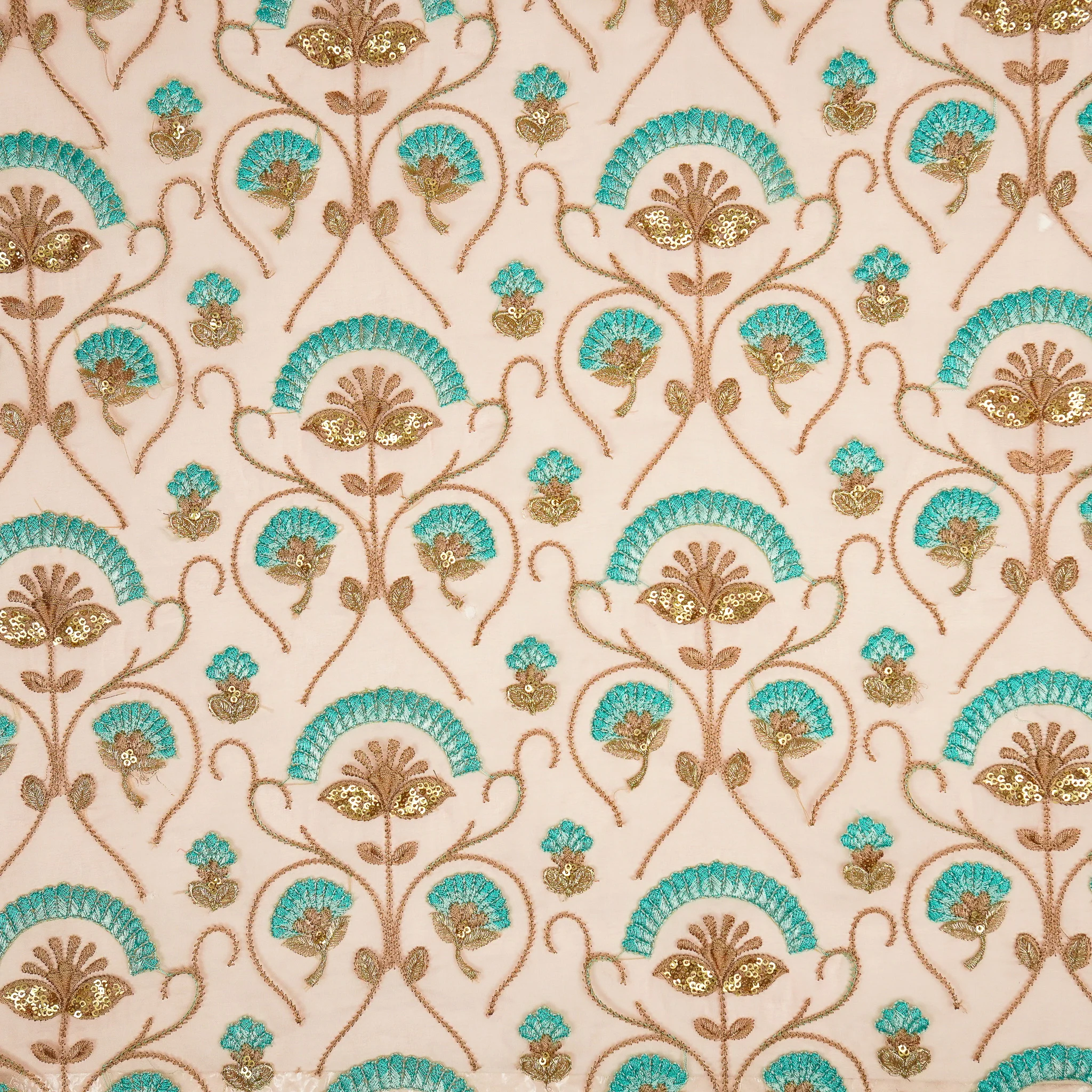 Antara Peach Viscose Organza Embroidered Fabric in Jaal Pattern - Image 2