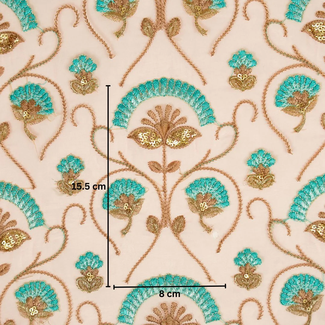 Antara Peach Viscose Organza Embroidered Fabric in Jaal Pattern - Image 4