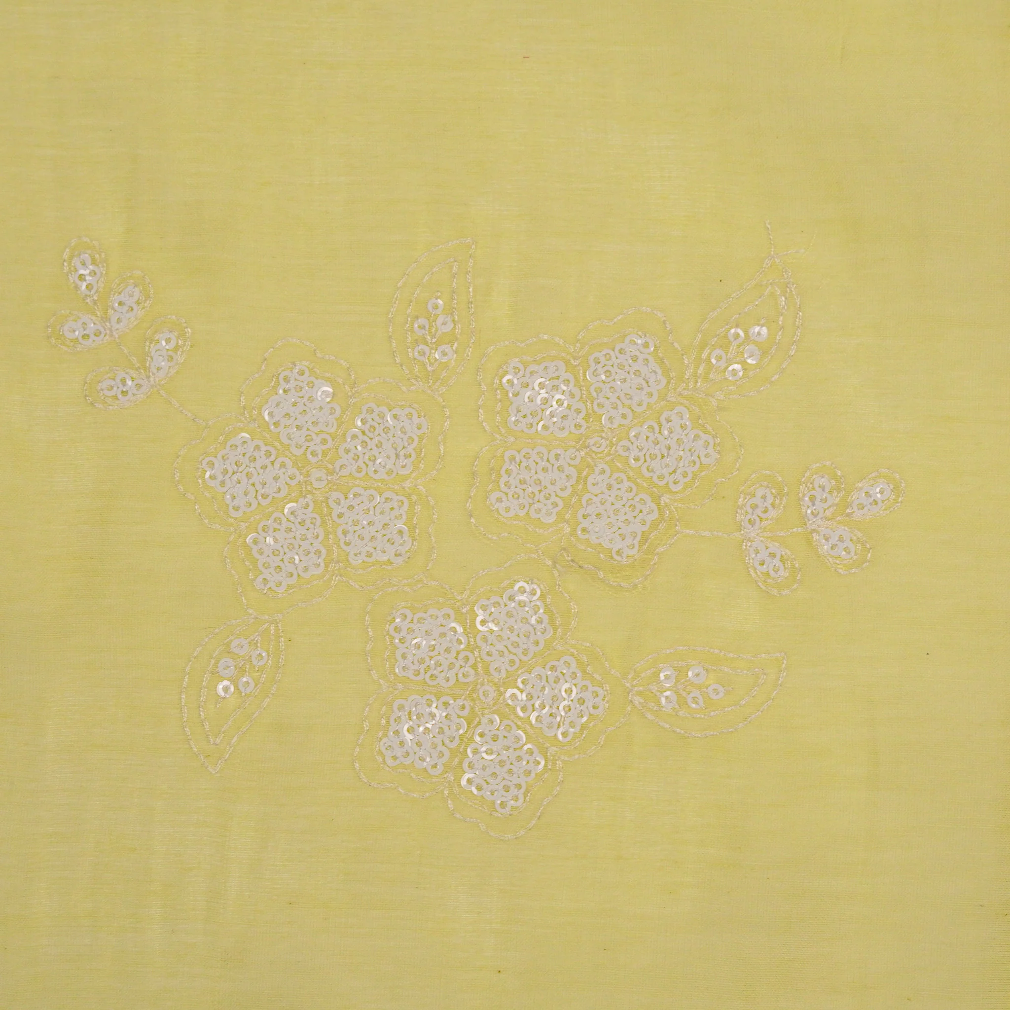 Aqsa Floral Yellow Mul Chanderi Embroidered Fabric in Buta Pattern - Image 3