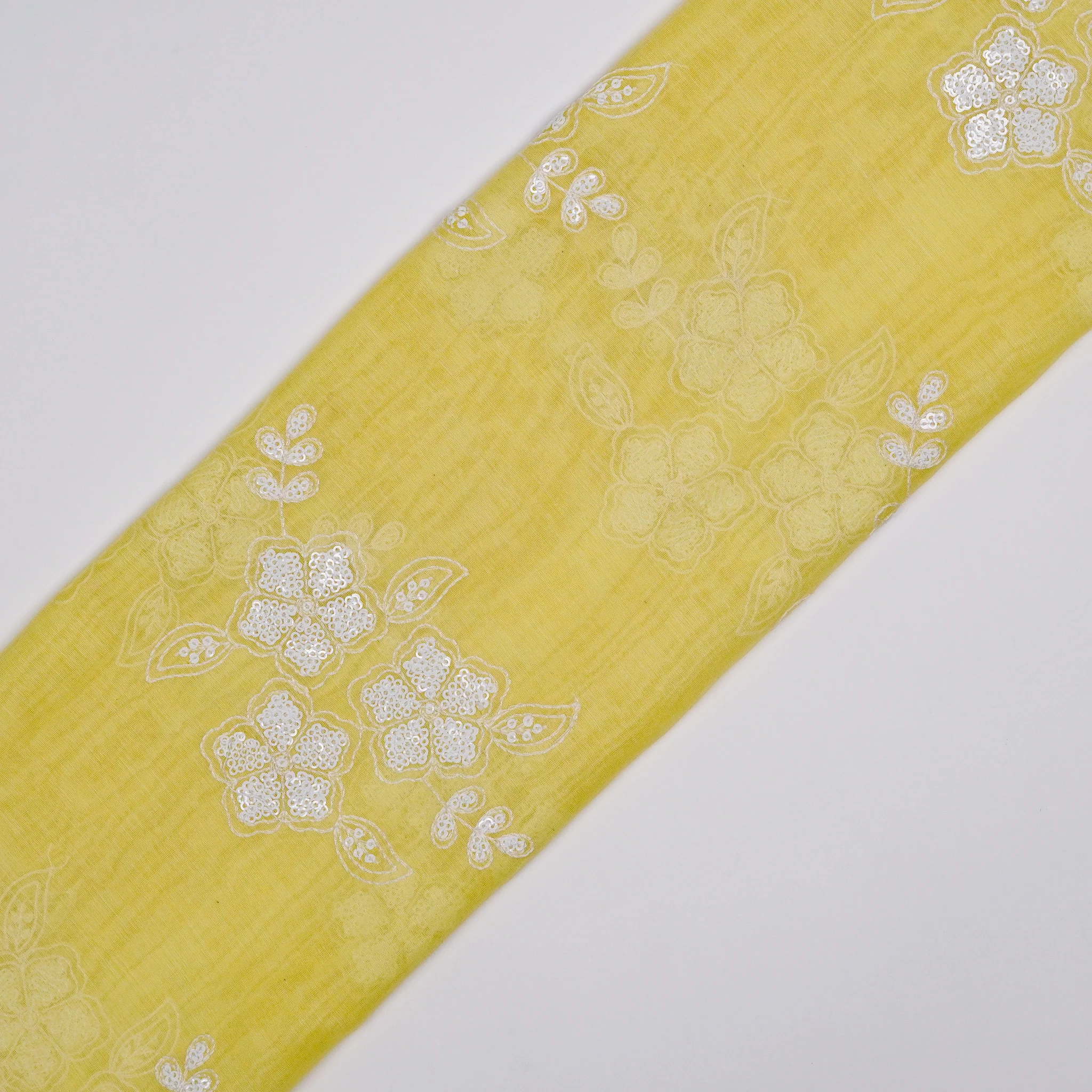 Aqsa Floral Yellow Mul Chanderi Embroidered Fabric in Buta Pattern - Image 4