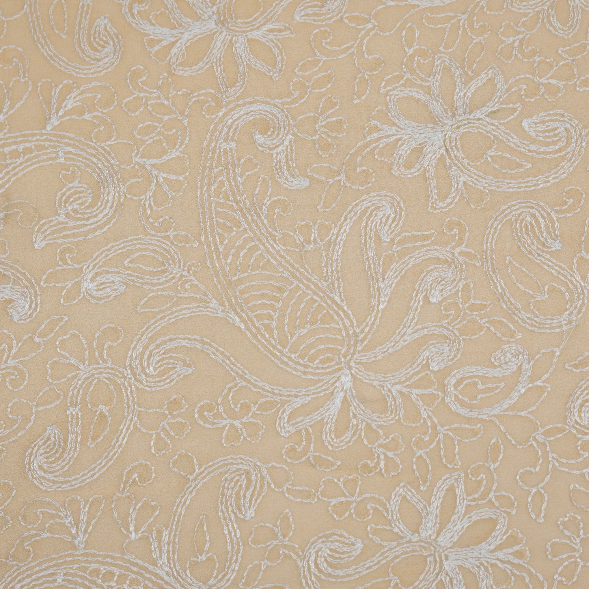 Arib Beige Mul Chanderi Embroidered Fabric in Jaal Pattern - Image 3