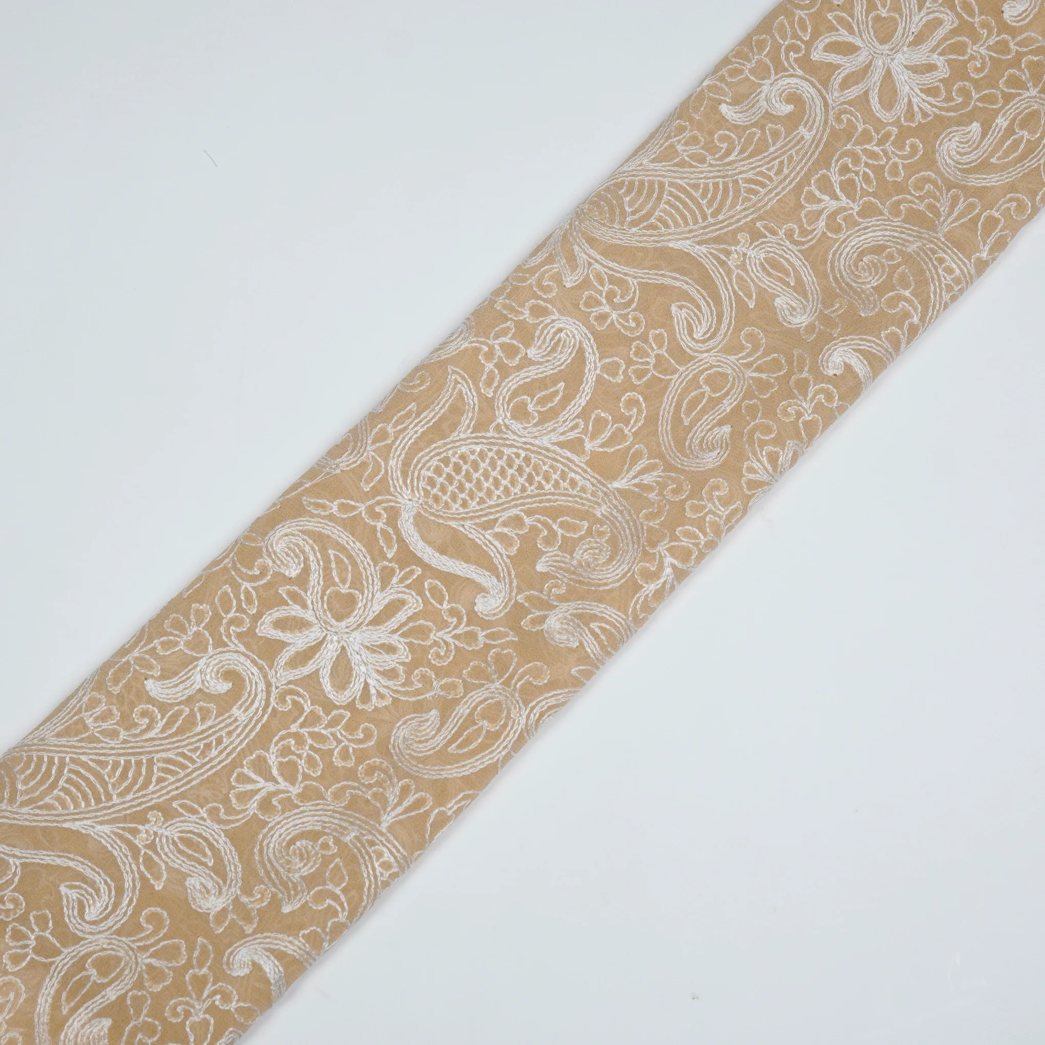 Arib Beige Mul Chanderi Embroidered Fabric in Jaal Pattern - Image 4