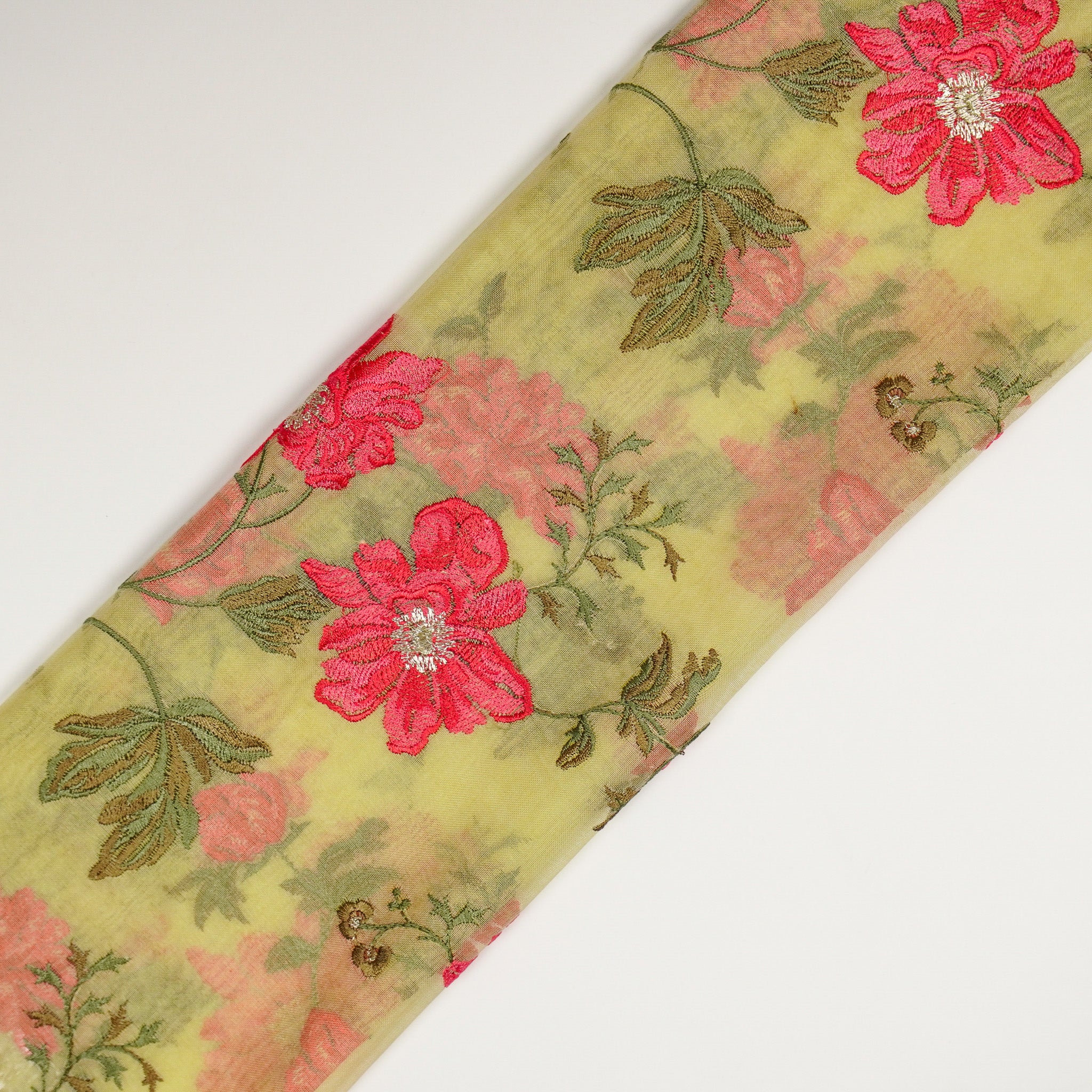 Ayka Lime Viscose Organza Embroidered Fabric in Jaal Pattern - Image 4