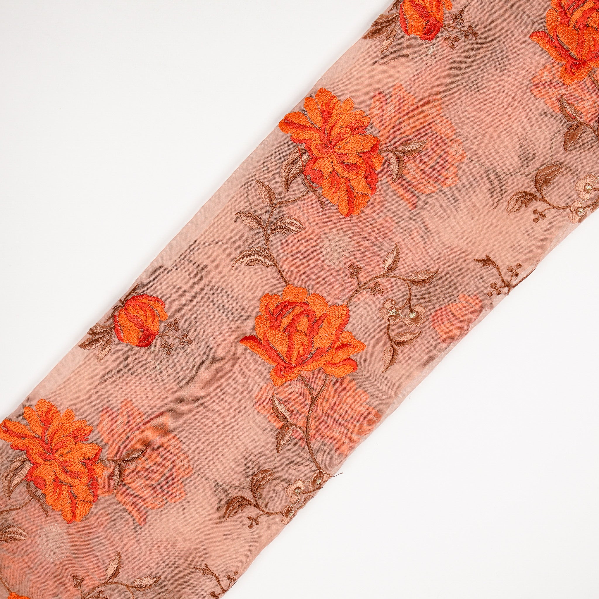 Ayka Peach Viscose Organza Embroidered Fabric in Jaal Pattern - Image 4