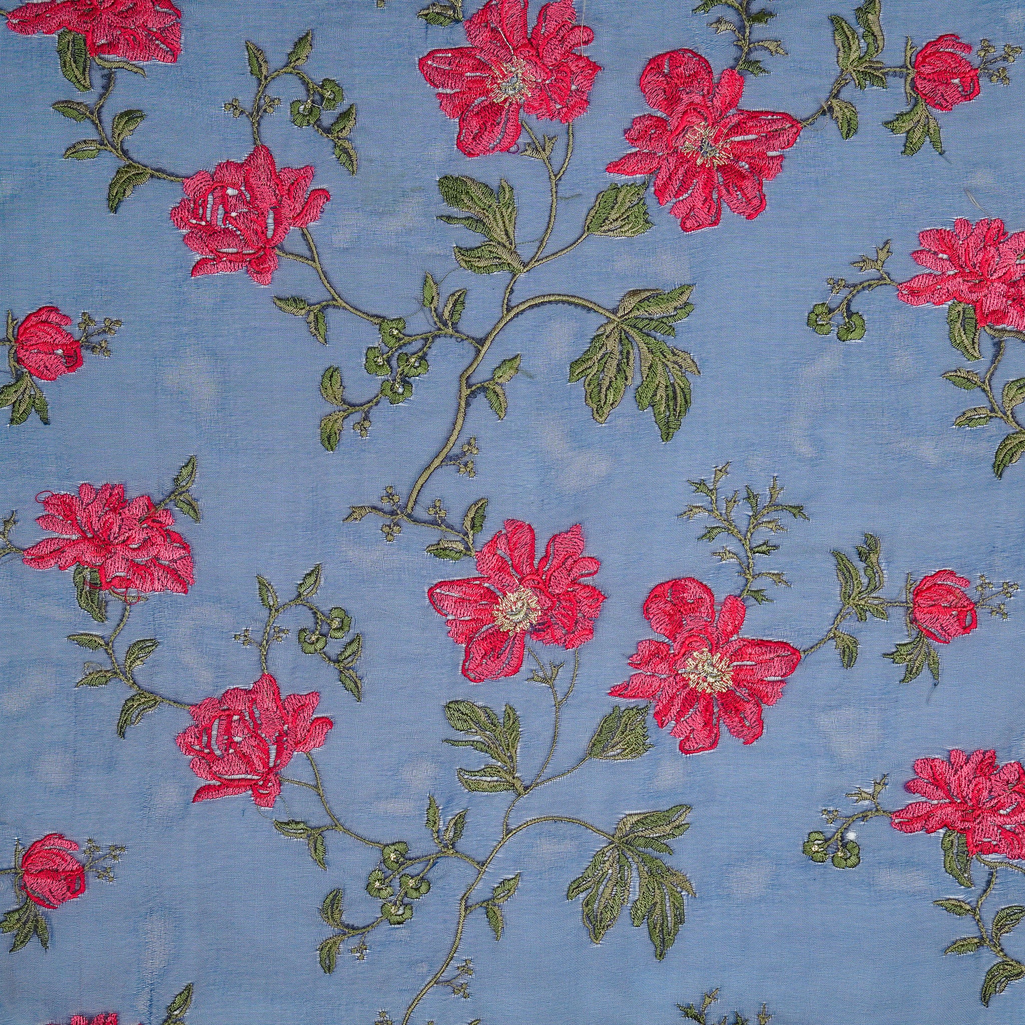 Ayka Prussian Blue Viscose Organza Embroidered Fabric in Jaal Pattern - Image 2