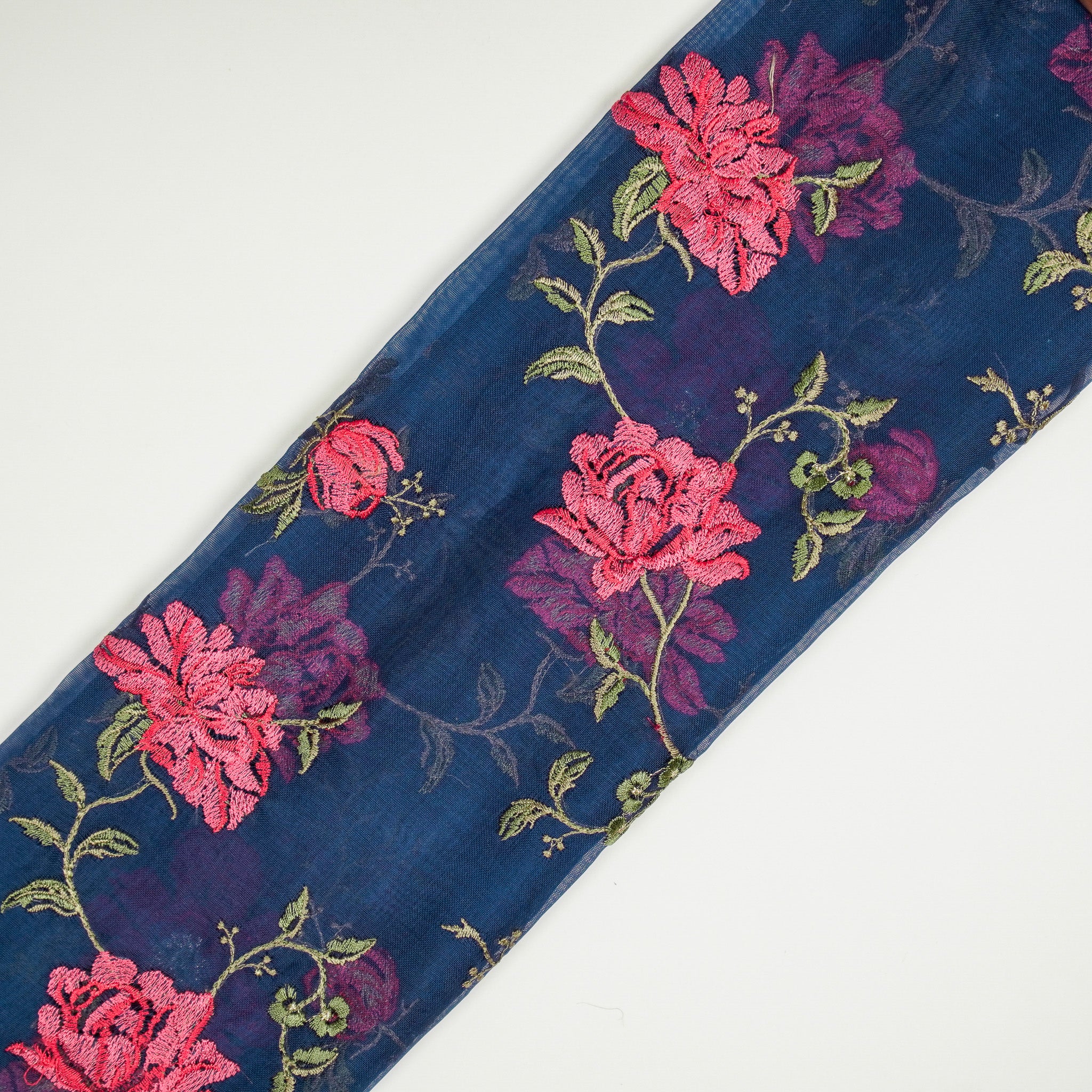 Ayka Prussian Blue Viscose Organza Embroidered Fabric in Jaal Pattern - Image 4