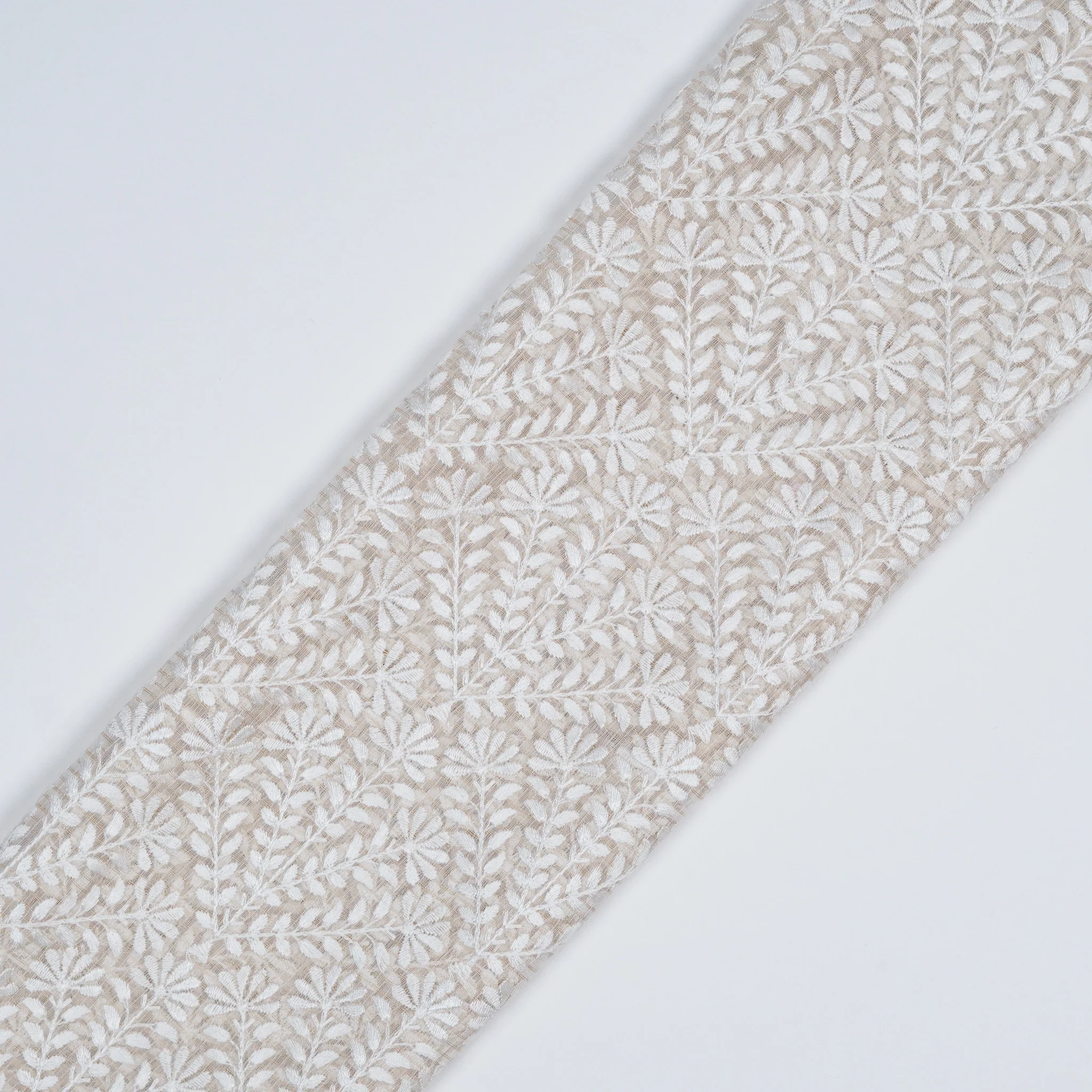Diba Ivory Semi Munga Kota Embroidered Fabric in Jaal Pattern - Image 4
