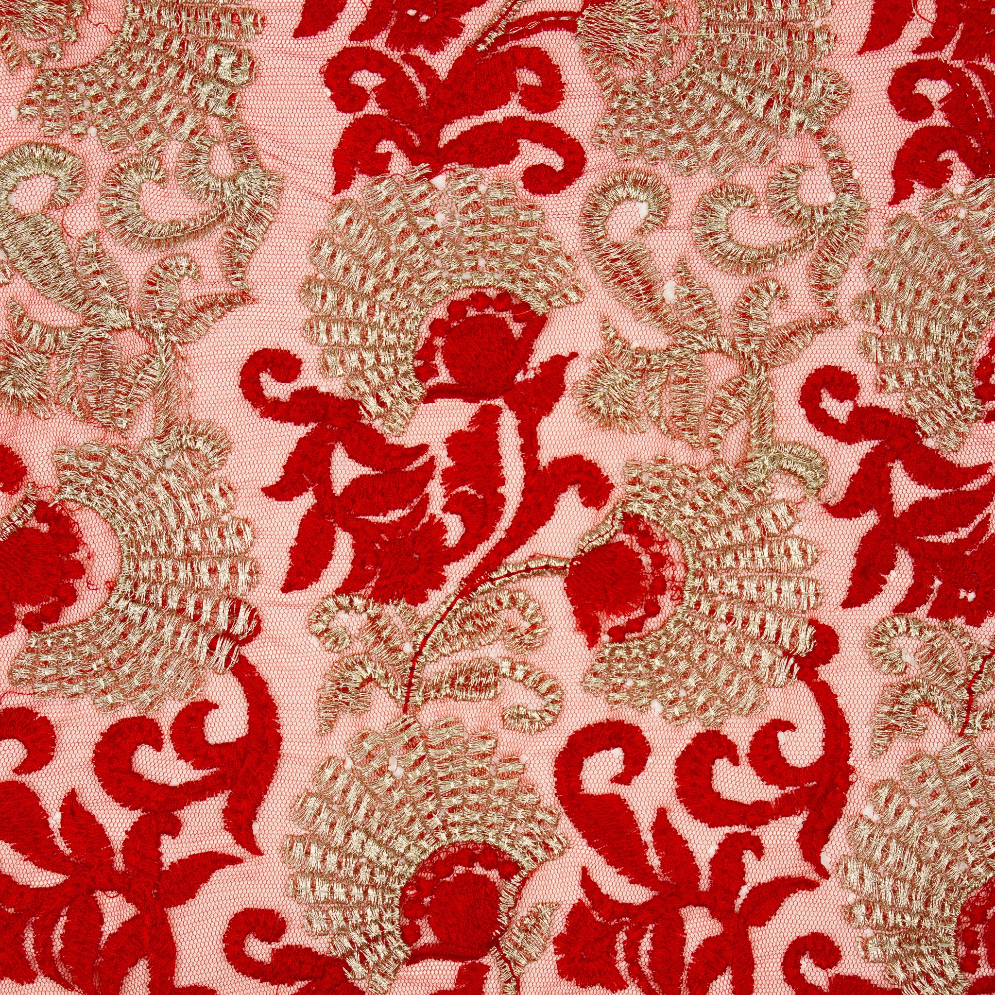 Eila Red Nylon Net Embroidered Fabric in Jaal Pattern - Image 3