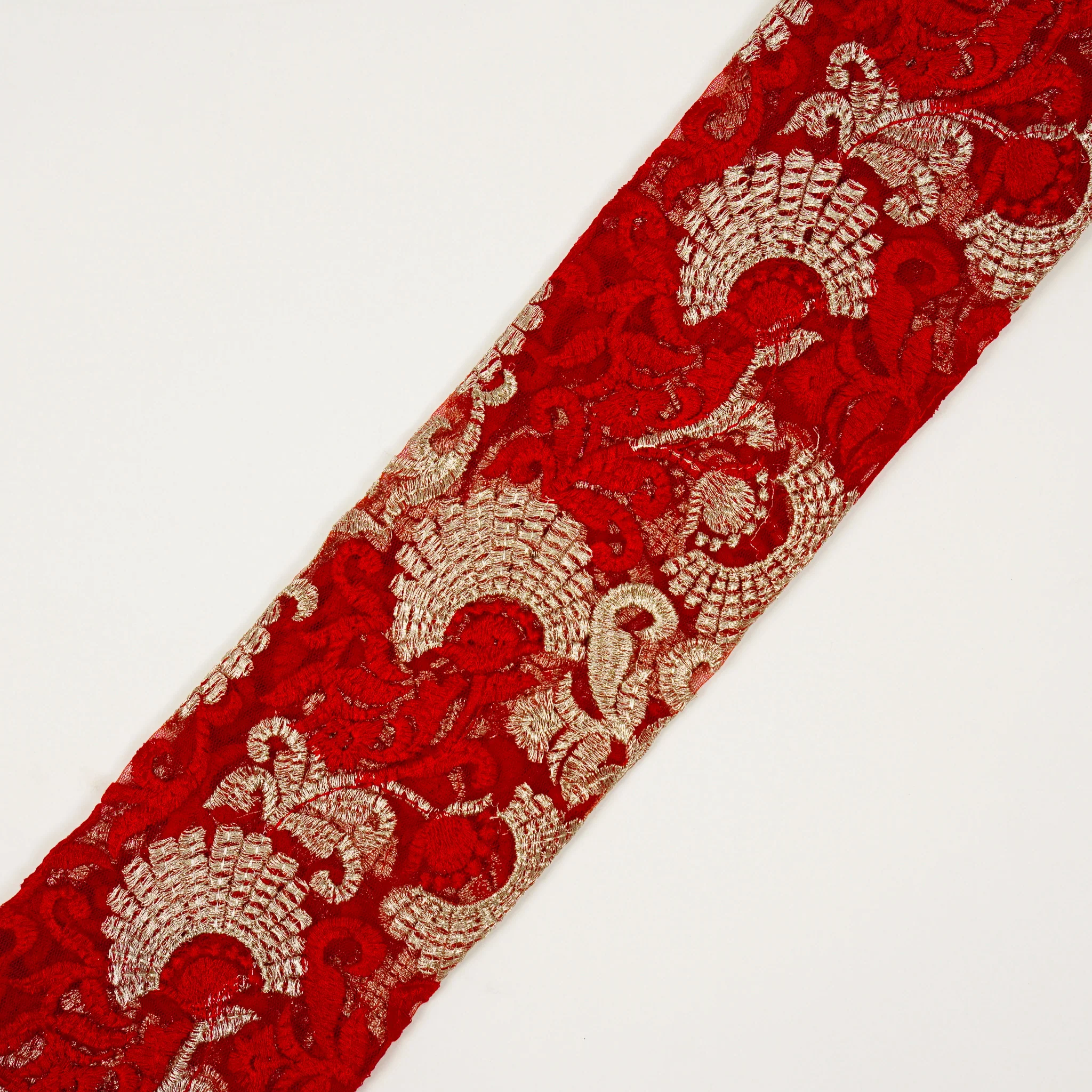 Eila Red Nylon Net Embroidered Fabric in Jaal Pattern - Image 4
