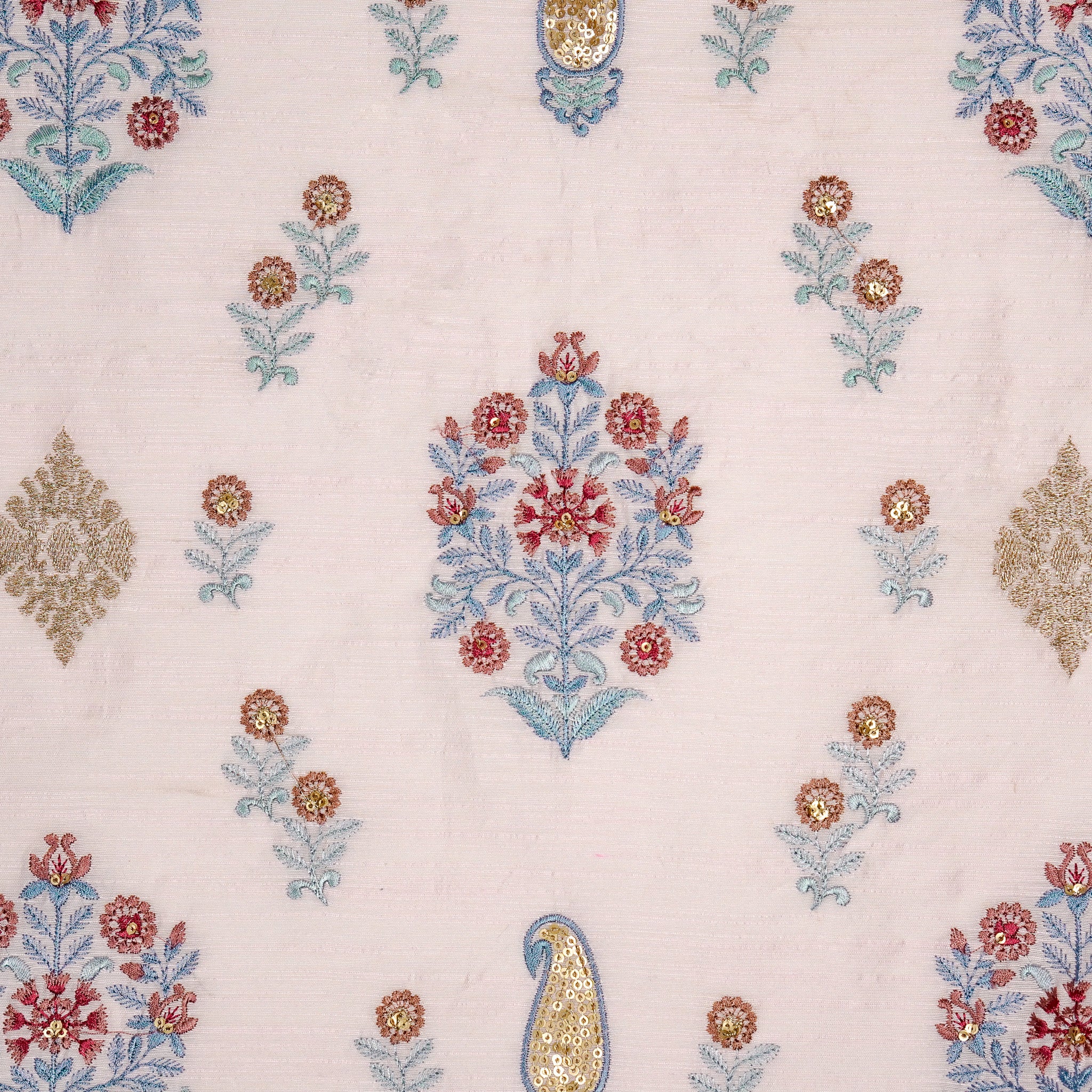 Eira Baby Pink Viscose Raw Silk Embroidered Fabric in Buta Buti Mixture Pattern - Image 3