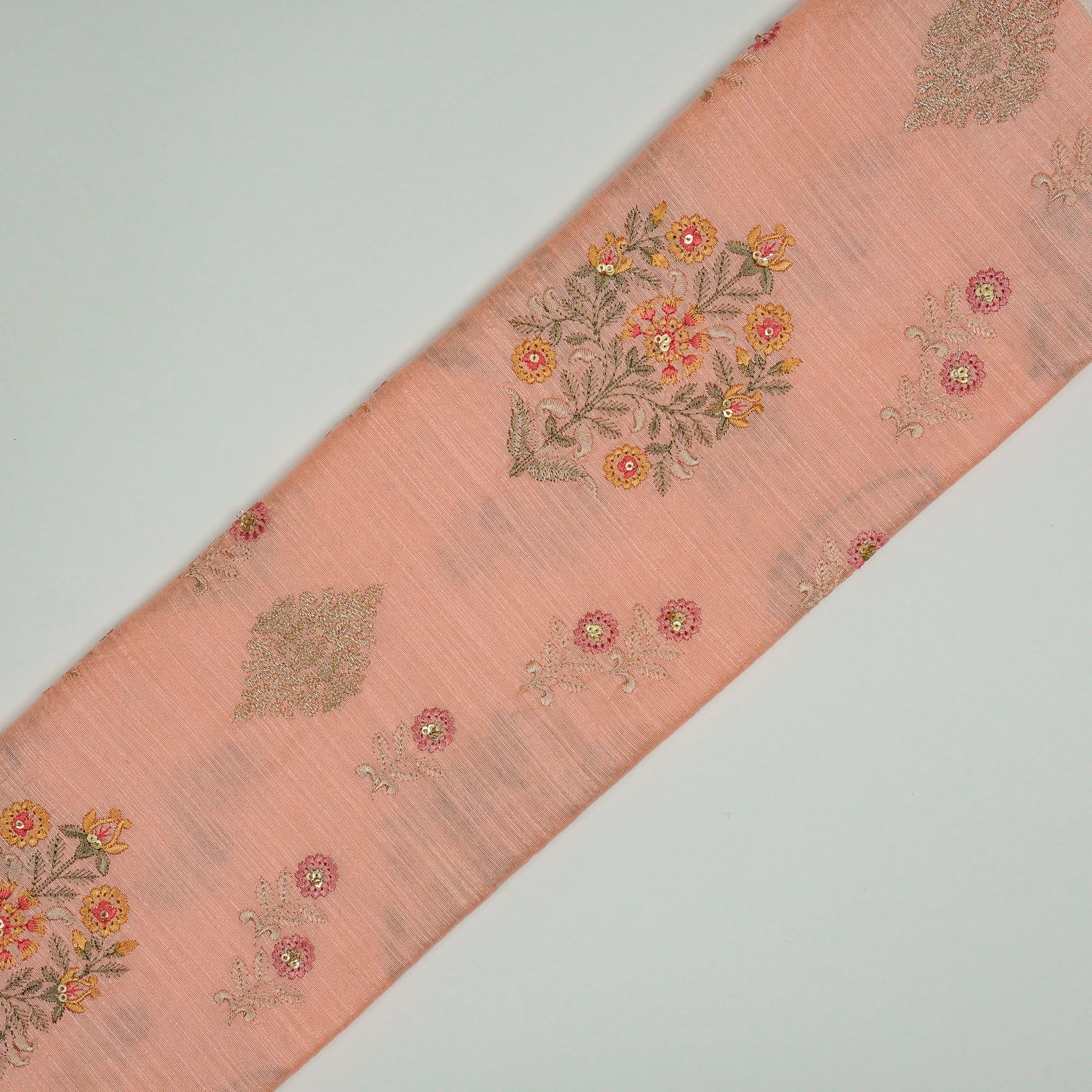 Eira Peach Viscose Raw Silk Embroidered Fabric in Buta Buti Mixture Pattern - Image 4