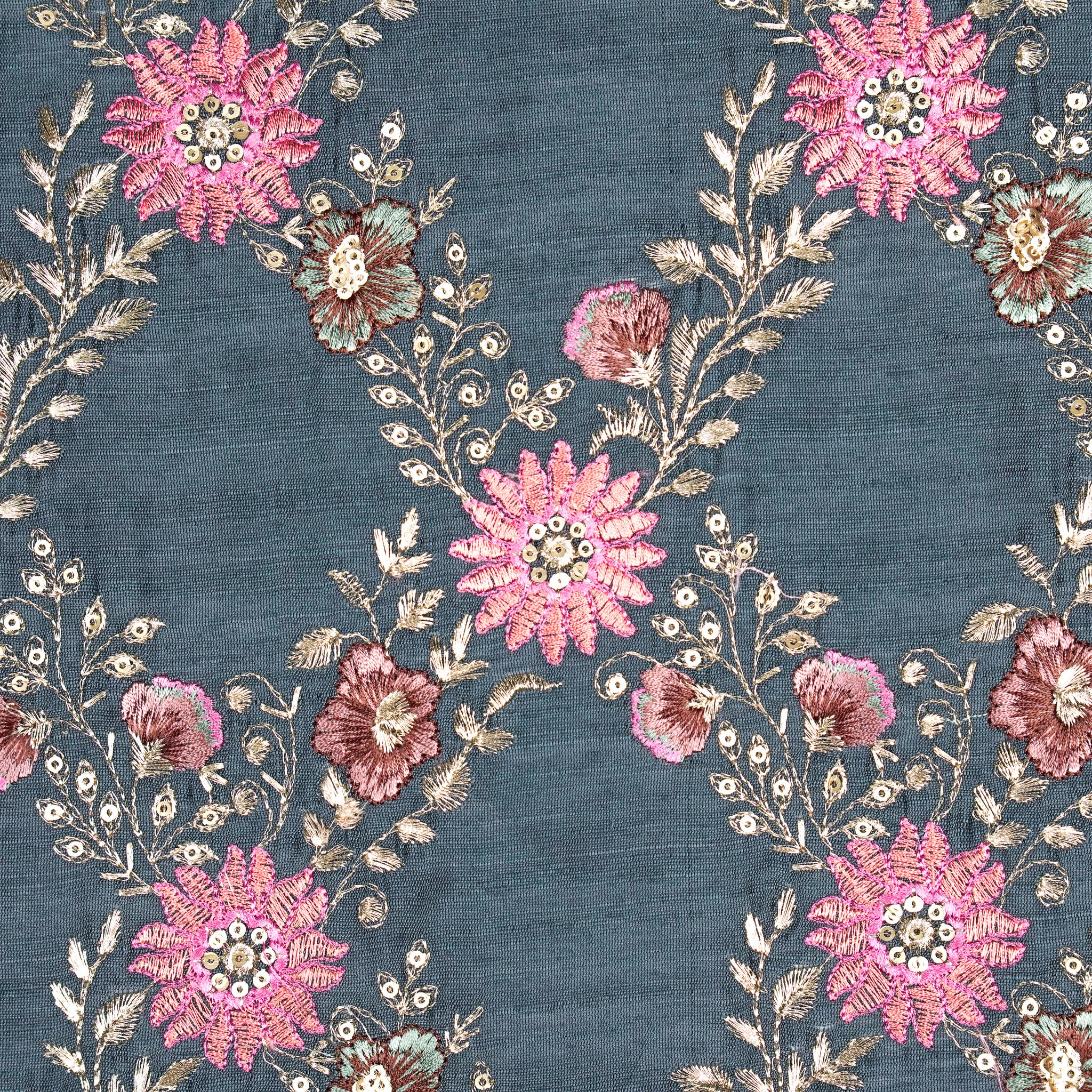 Esana Bluish Grey Viscose Raw Silk Embroidered Fabric in Jaal Pattern - Image 3
