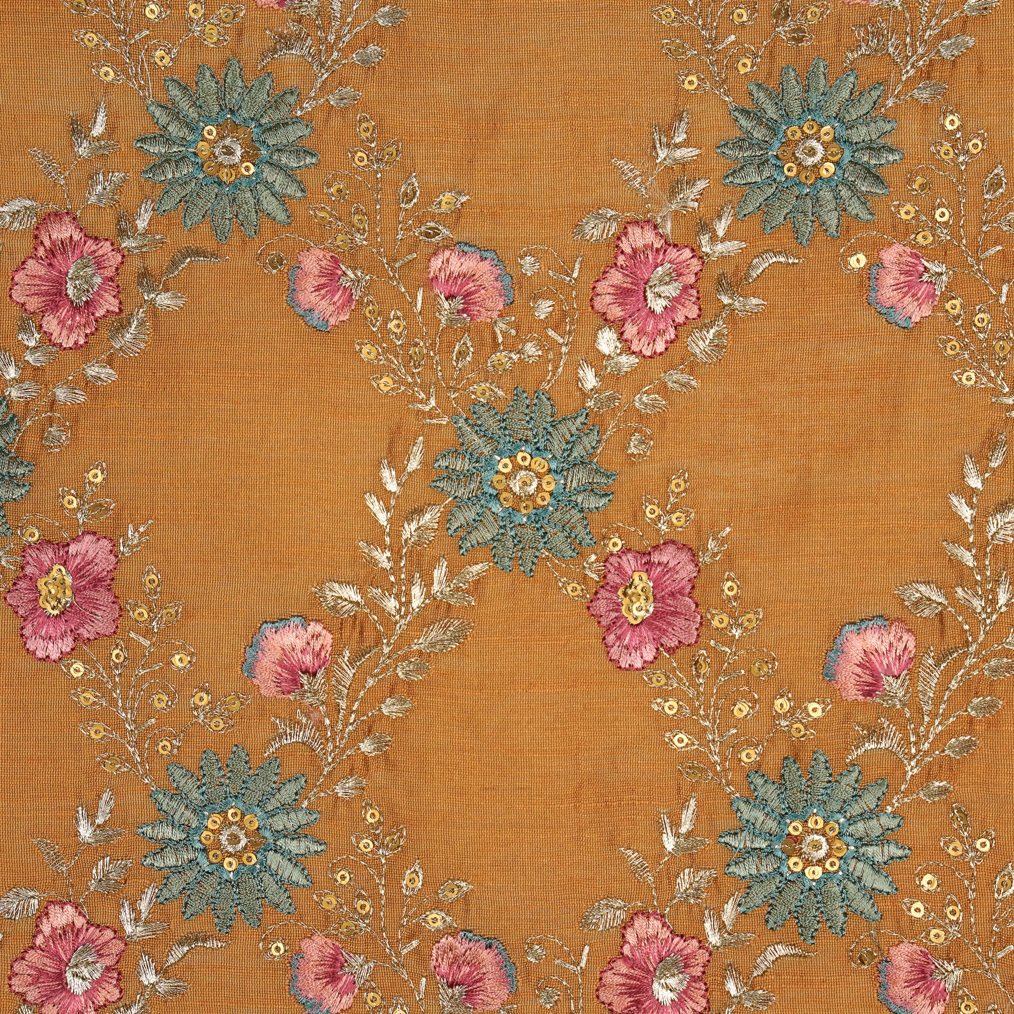 Esana Mustard Viscose Raw Silk Embroidered Fabric in Jaal Pattern - Image 3