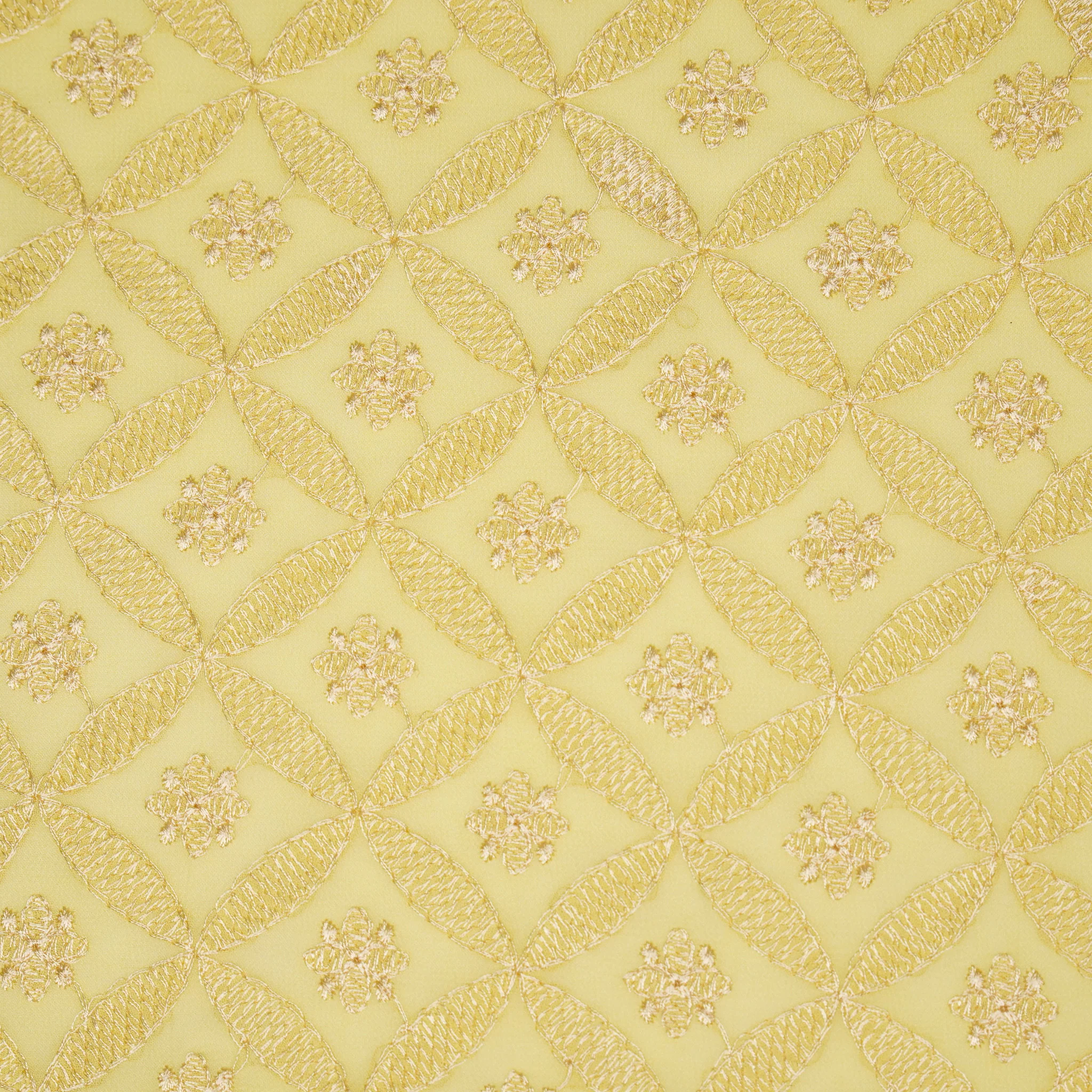 Eshal Lemon Viscose Georgette Embroidered Fabric in Jaal Pattern - Image 3