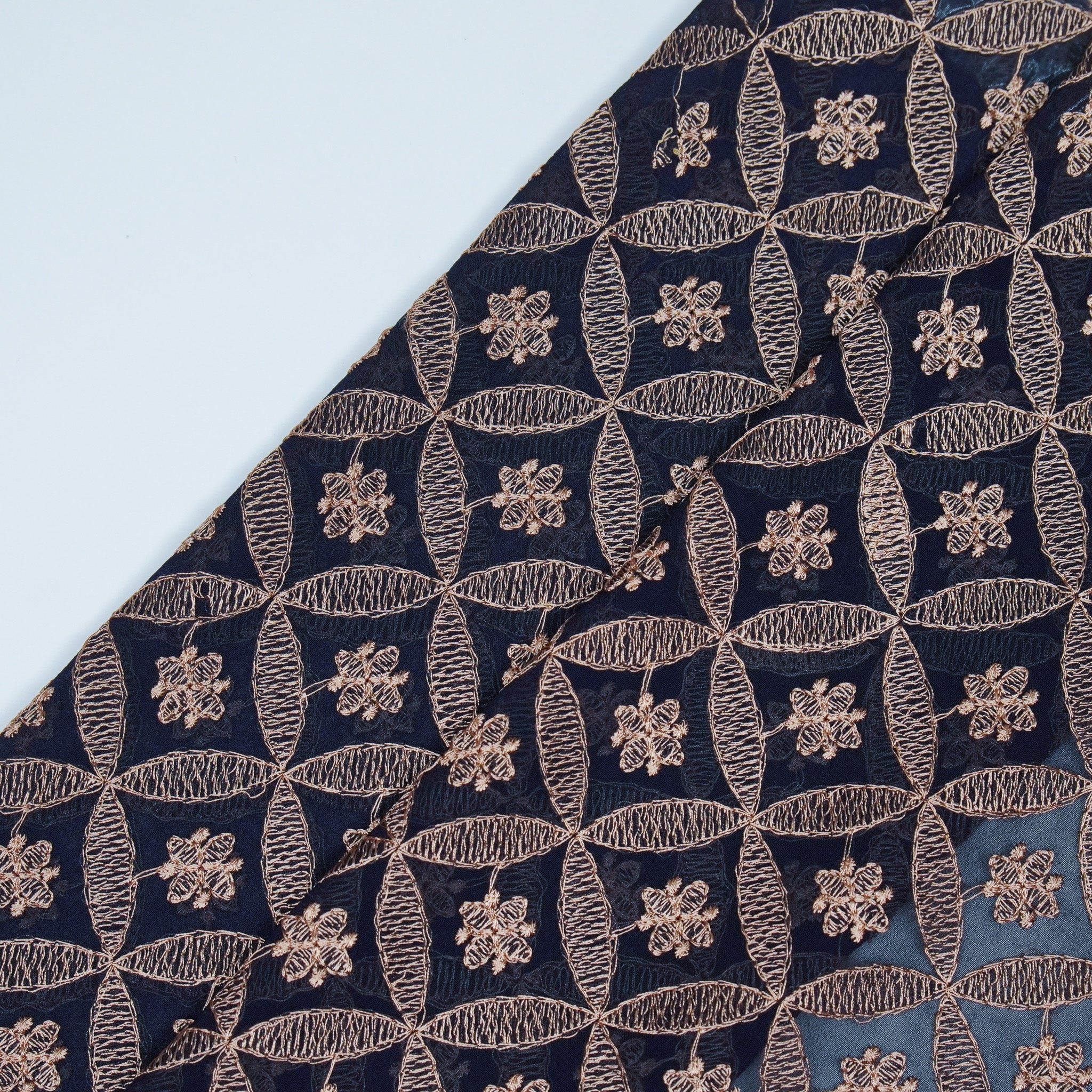 Eshal Navy Blue Viscose Georgette Embroidered Fabric in Jaal Pattern