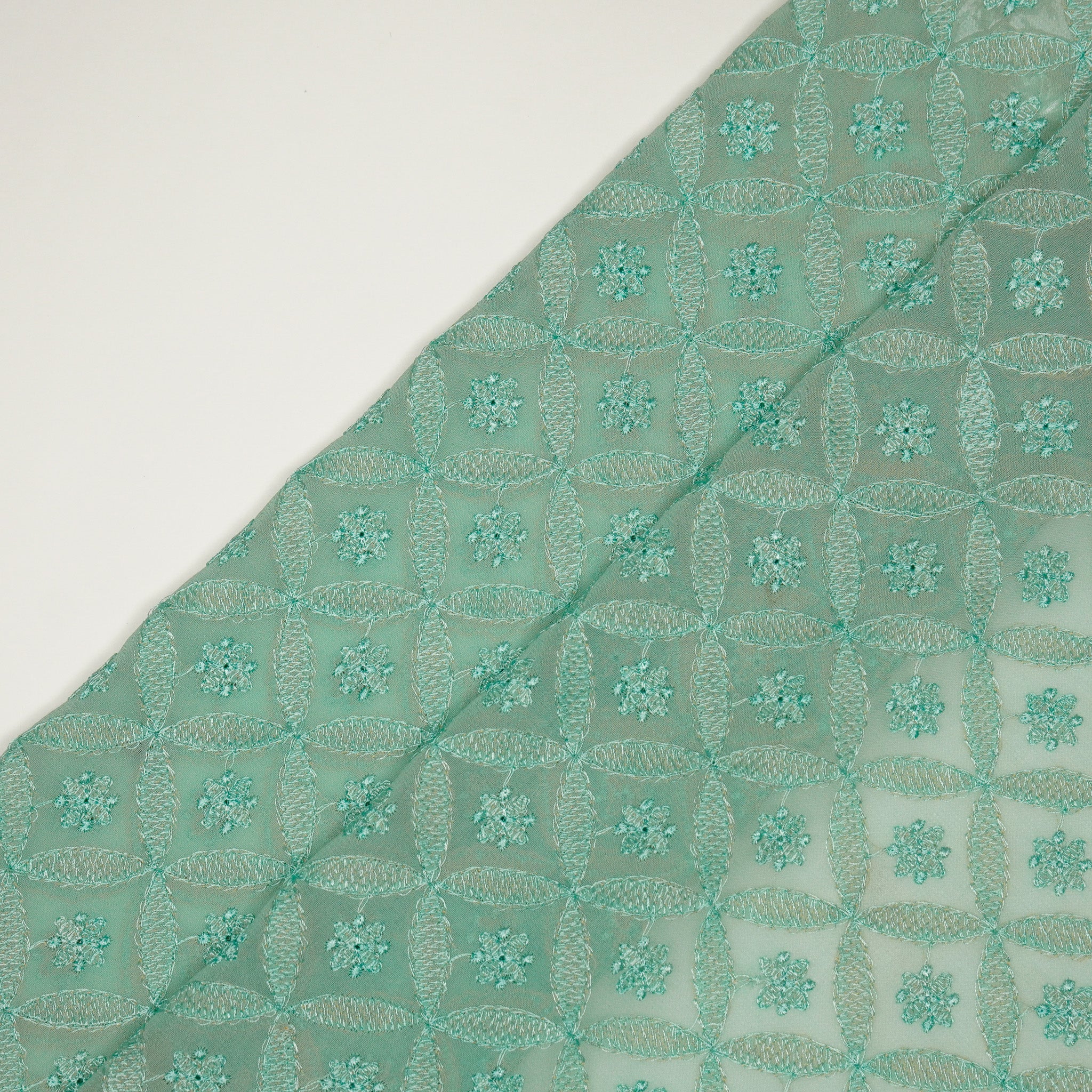 Eshal Turquoise Viscose Georgette Embroidered Fabric in Jaal Pattern