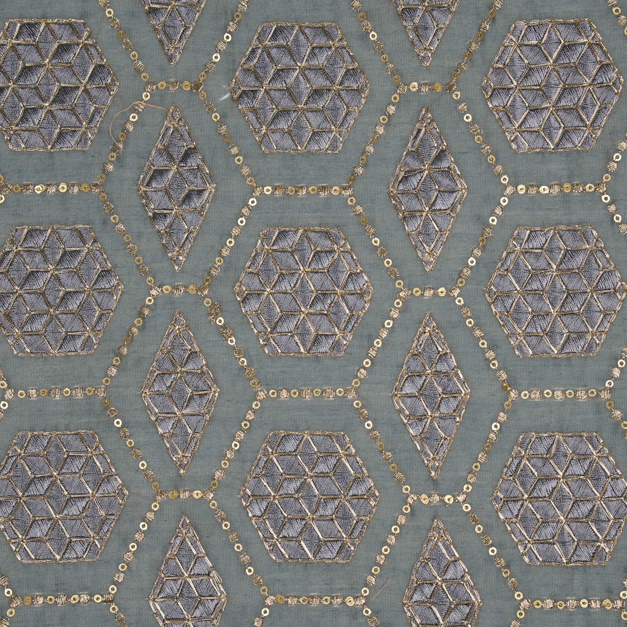 Fahm Sequins Bluish Grey  Chanderi Embroidered Fabric in Jaal Pattern - Image 3