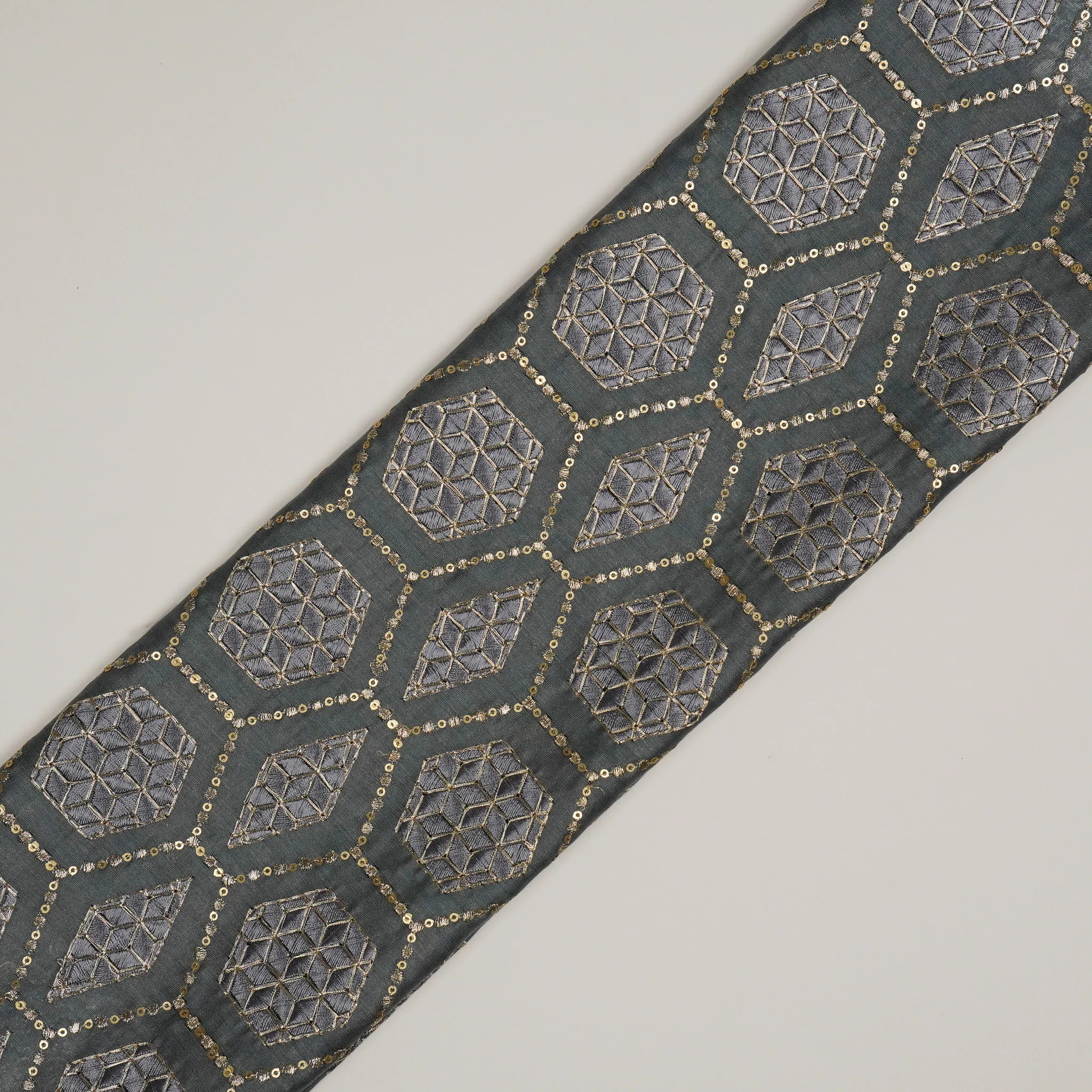 Fahm Sequins Bluish Grey  Chanderi Embroidered Fabric in Jaal Pattern - Image 4