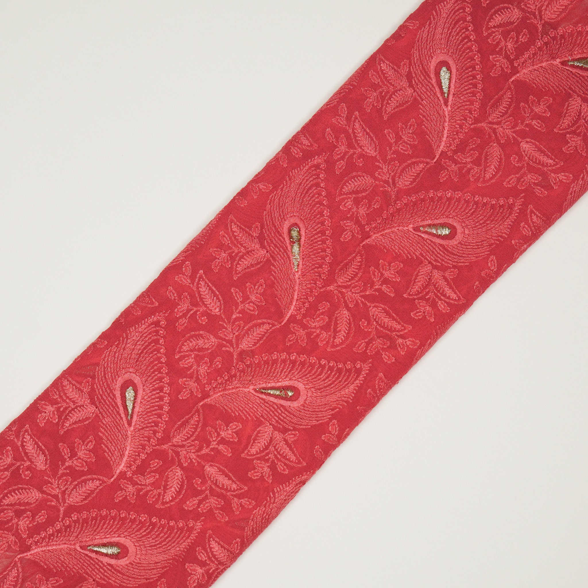 Fawyat Tomato Viscose Georgette Embroidered Fabric in Jaal Pattern - Image 4
