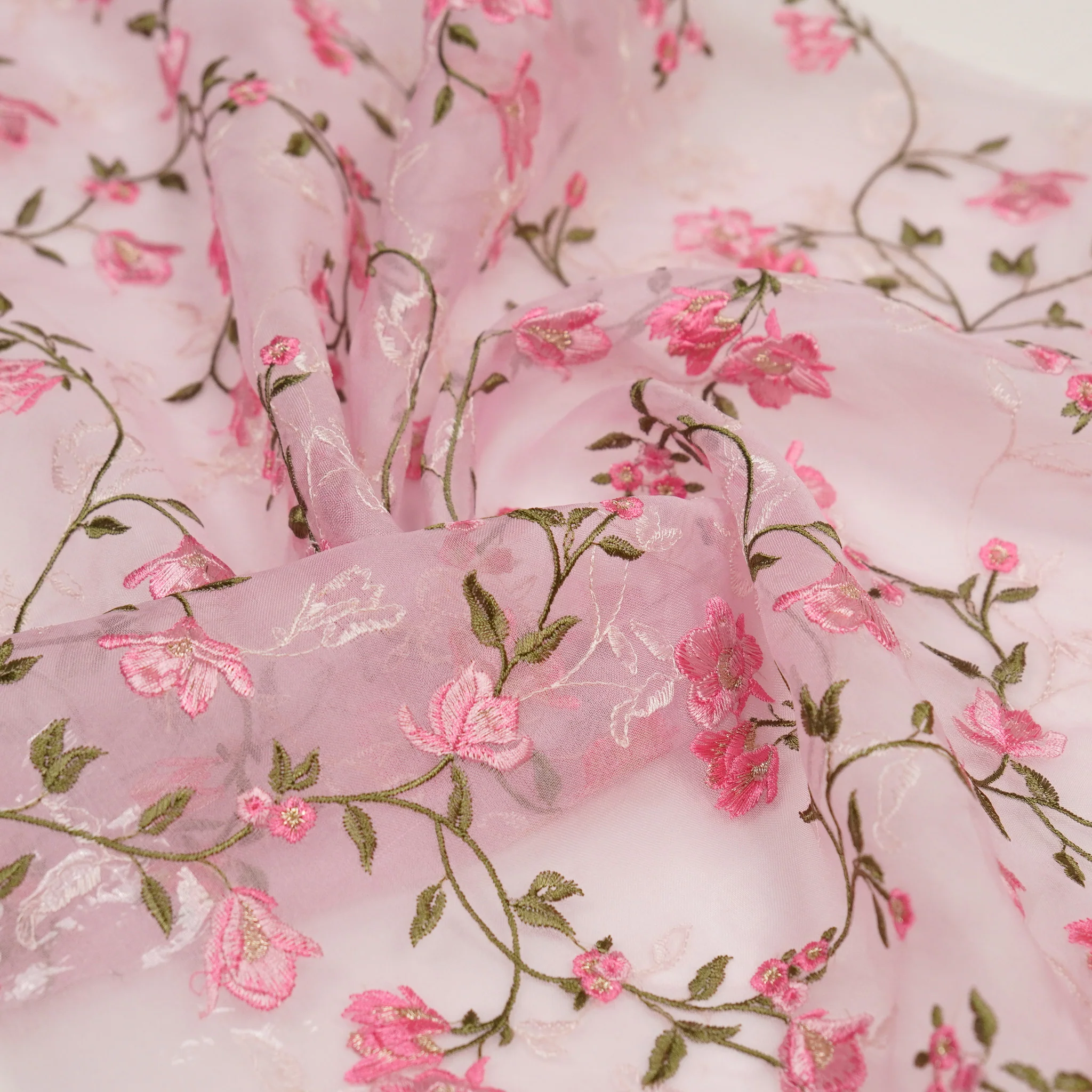 Fiza Baby Pink Viscose Organza Embroidered Fabric in Jaal Pattern - Image 5