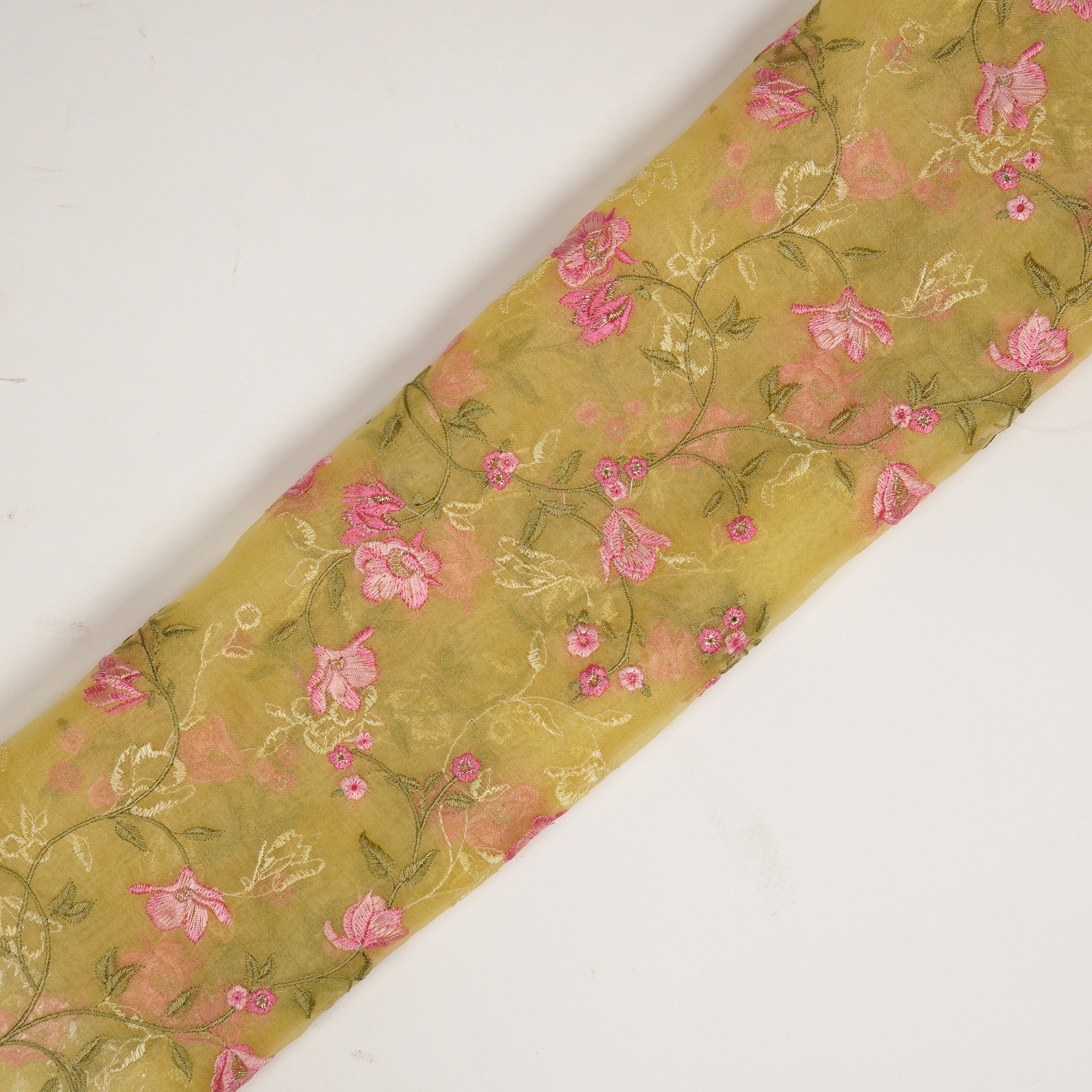 Fiza Lemon Viscose Organza Embroidered Fabric in Jaal Pattern - Image 4