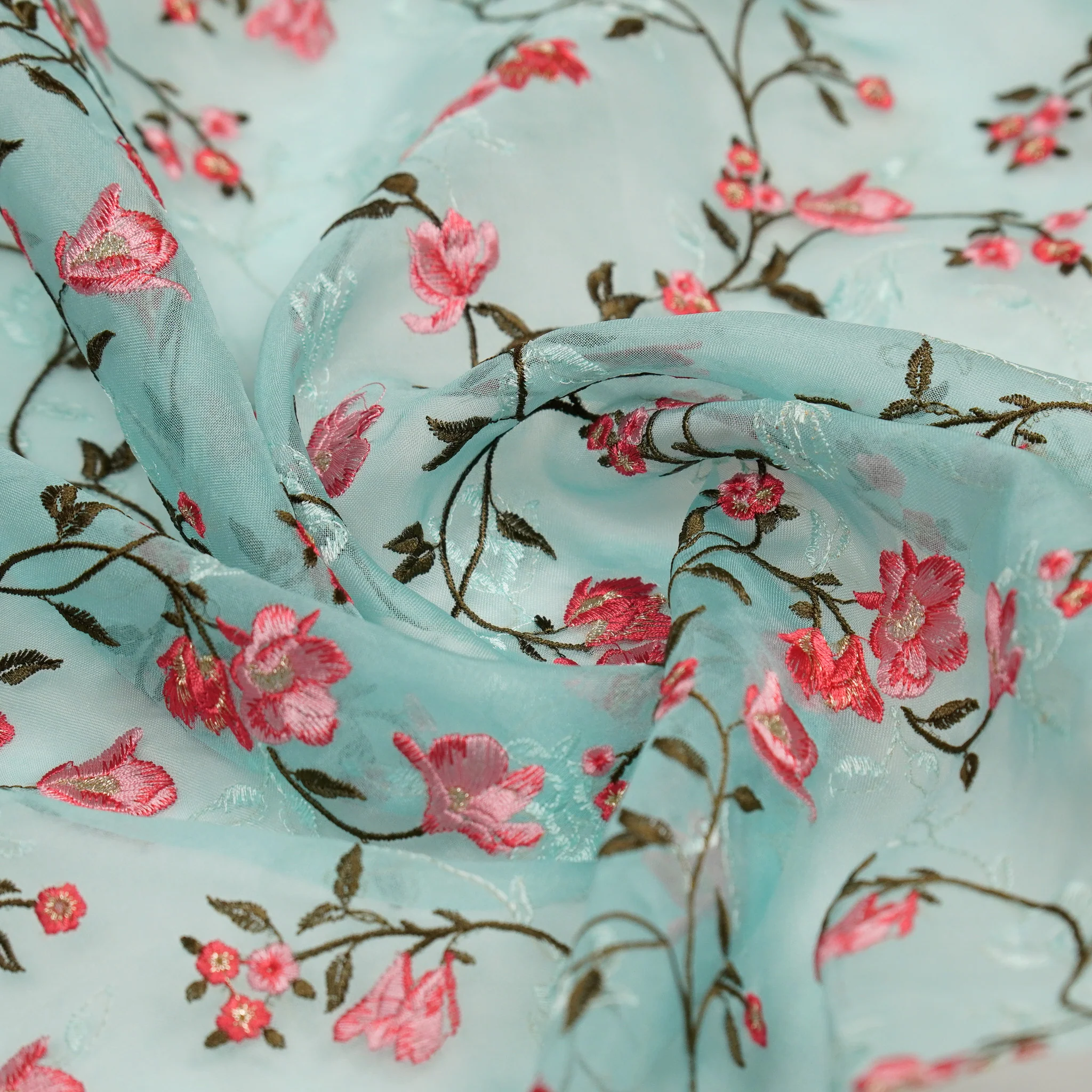 Fiza Sea Green Viscose Organza Embroidered Fabric in Jaal Pattern - Image 5