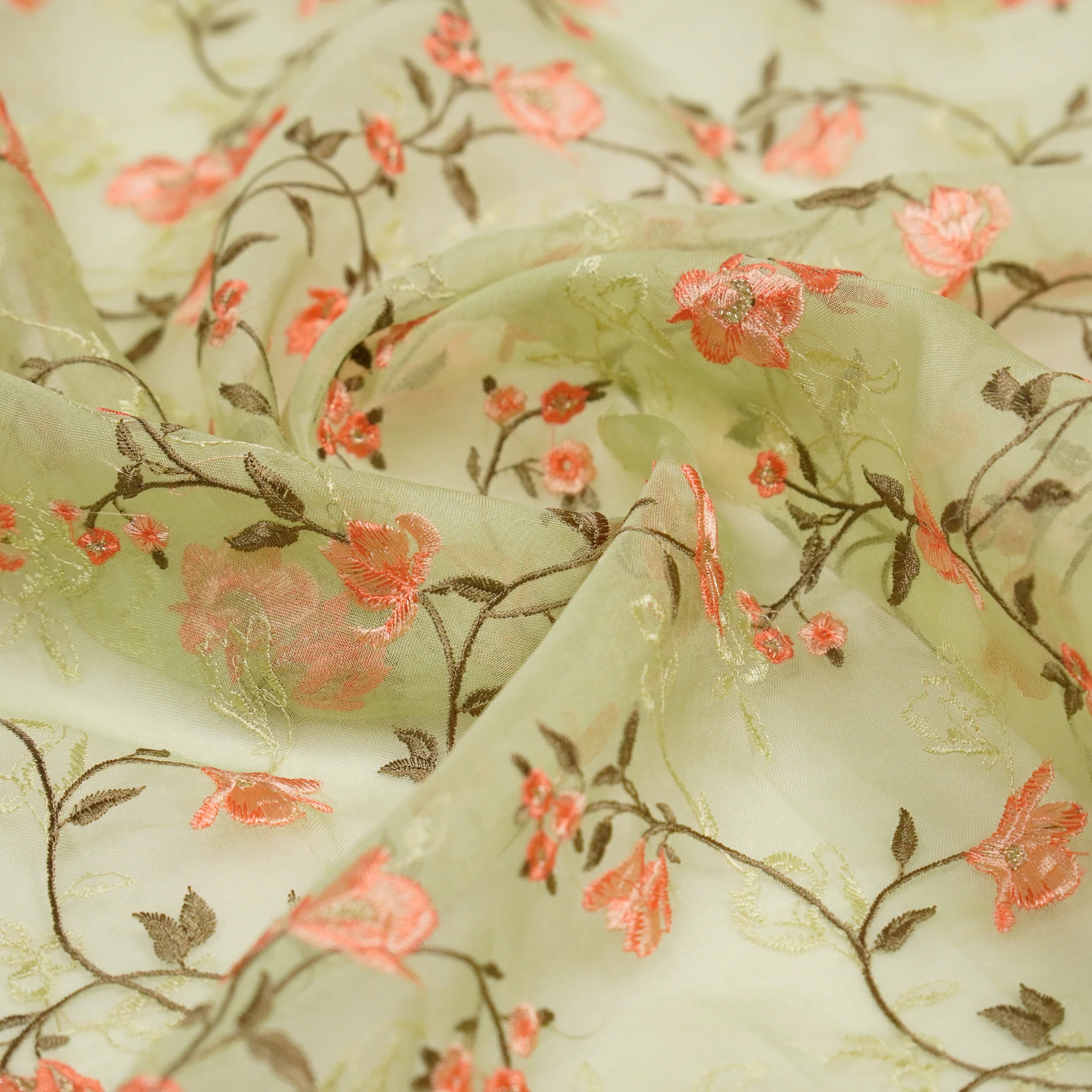 Fiza Sea Green Viscose Organza Embroidered Fabric in Jaal Pattern - Image 5