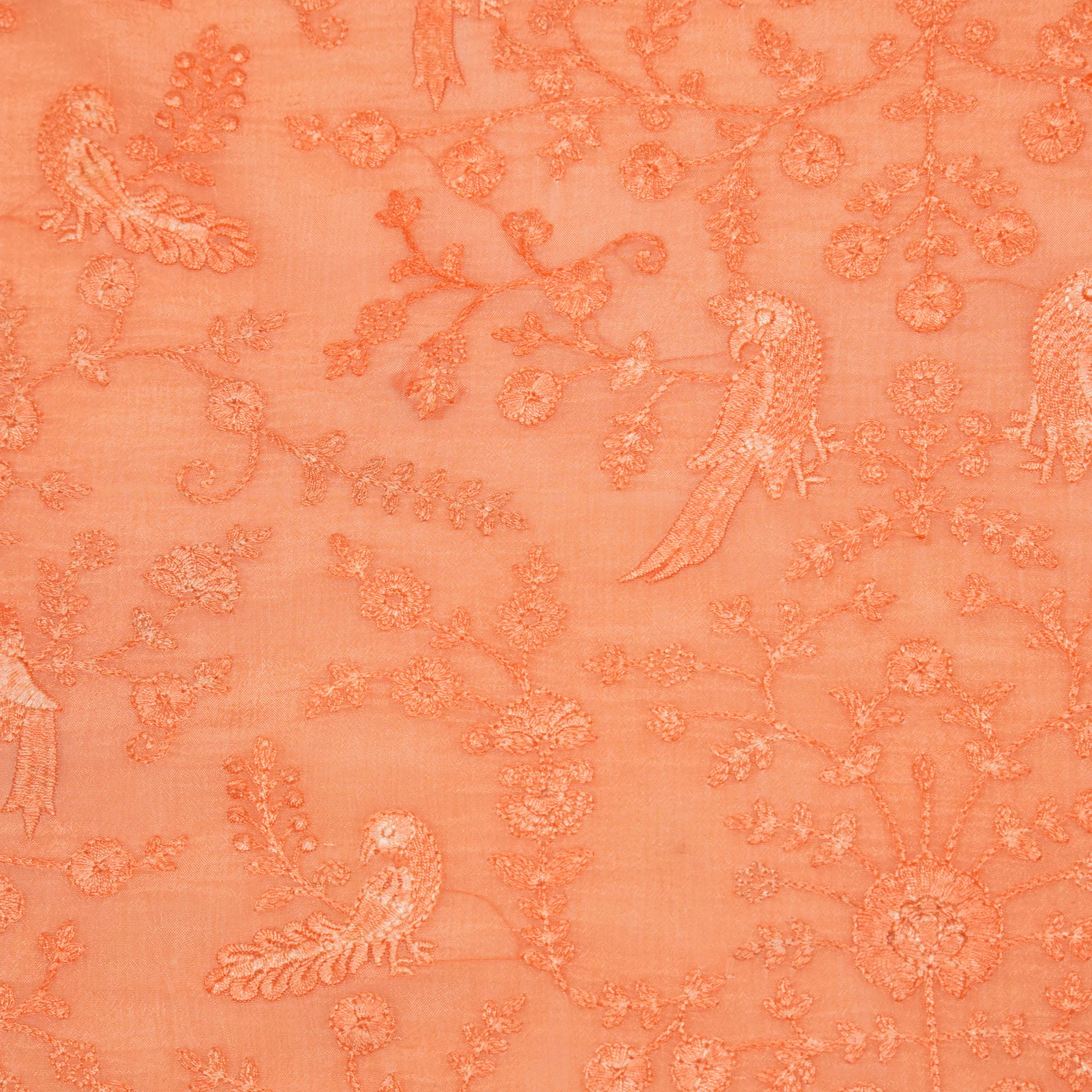 Hasna Peach Viscose Raw Silk Embroidered Fabric in Jaal Pattern - Image 3