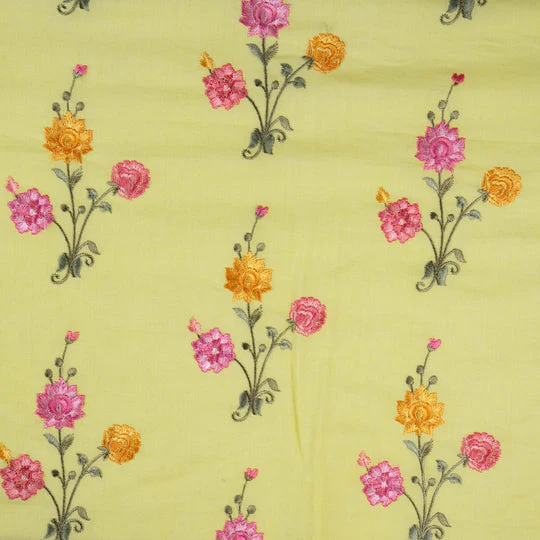 Hemangini Lemon Cotton Embroidered Fabric in Buta Pattern - Image 3