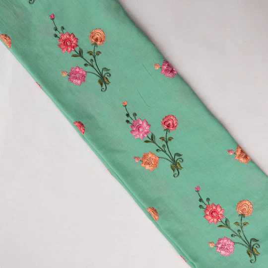 Hemangini Turquoise Cotton Embroidered Fabric in Buta Pattern - Image 4
