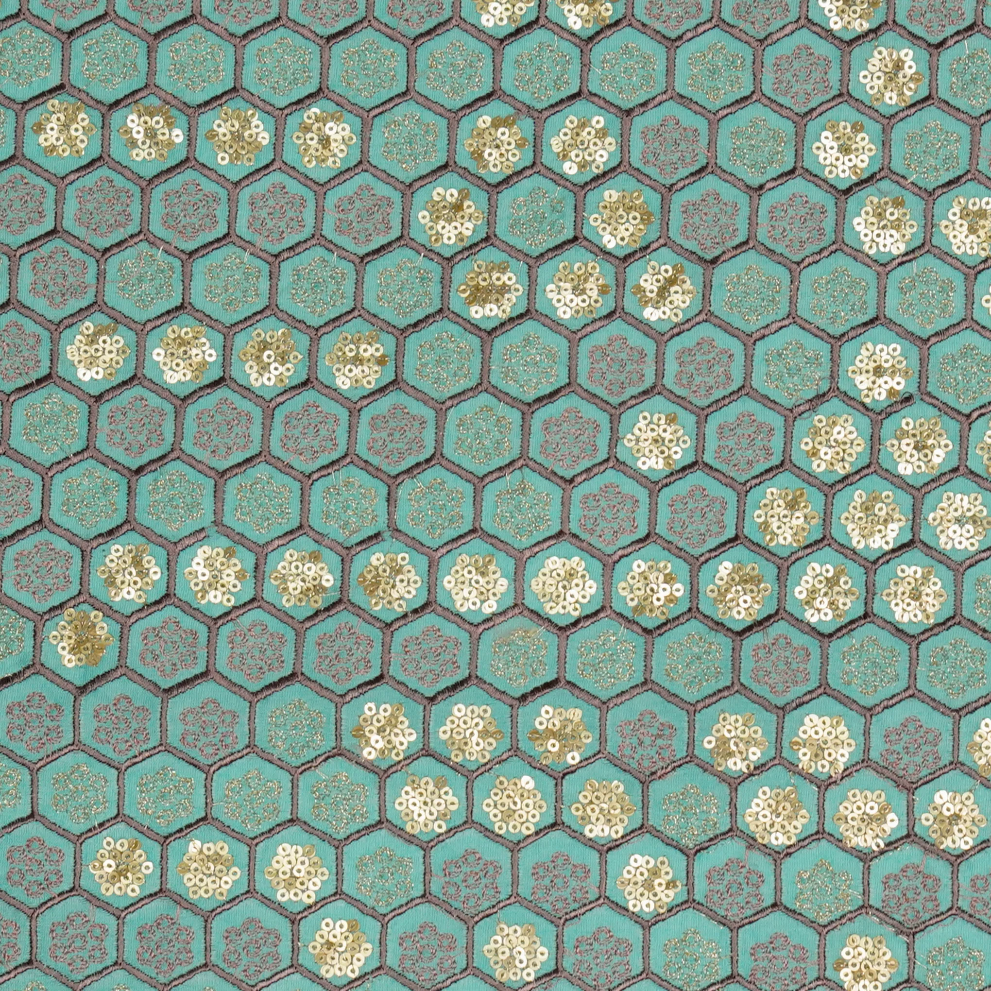 Humaira Turquoise Chanderi Embroidered Fabric in Jaal Pattern - Image 3