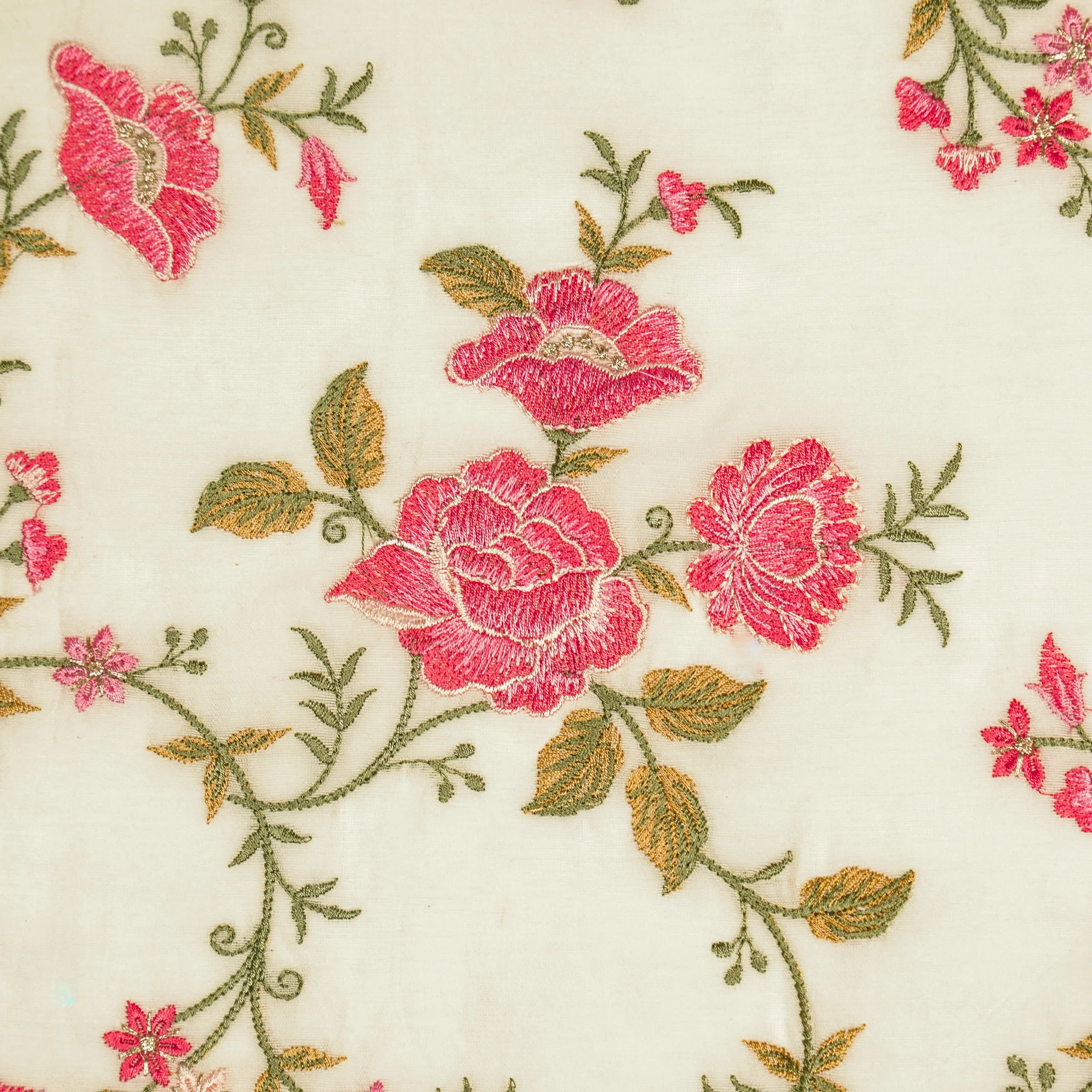 Isra Ivory/Tomato Chanderi Embroidered Fabric in Jaal Pattern - Image 3