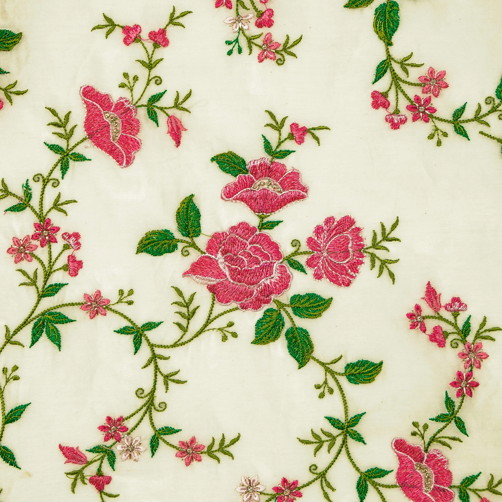 Isra Ivory/Fuxia Chanderi Embroidered Fabric in Jaal Pattern - Image 3