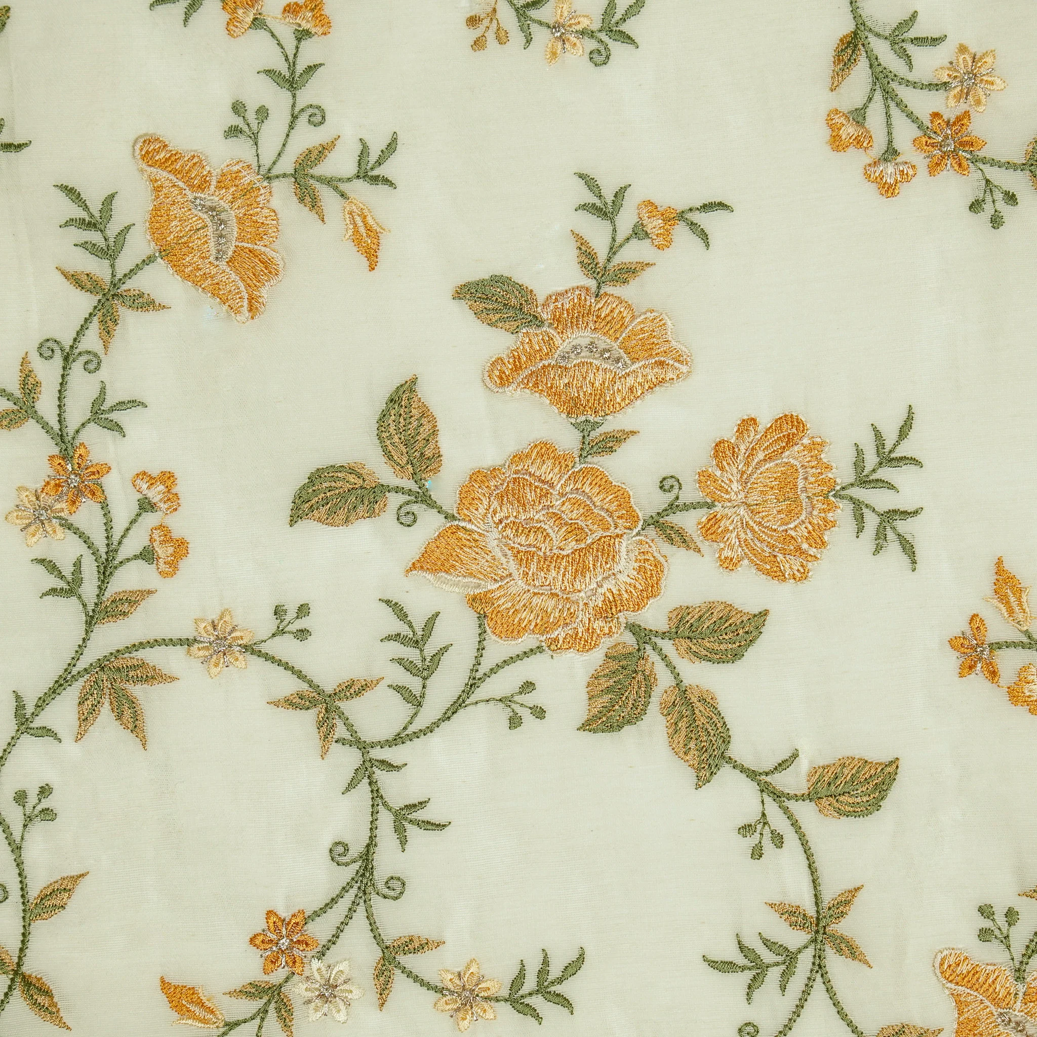 Isra Ivory/Gold Chanderi Embroidered Fabric in Jaal Pattern - Image 3