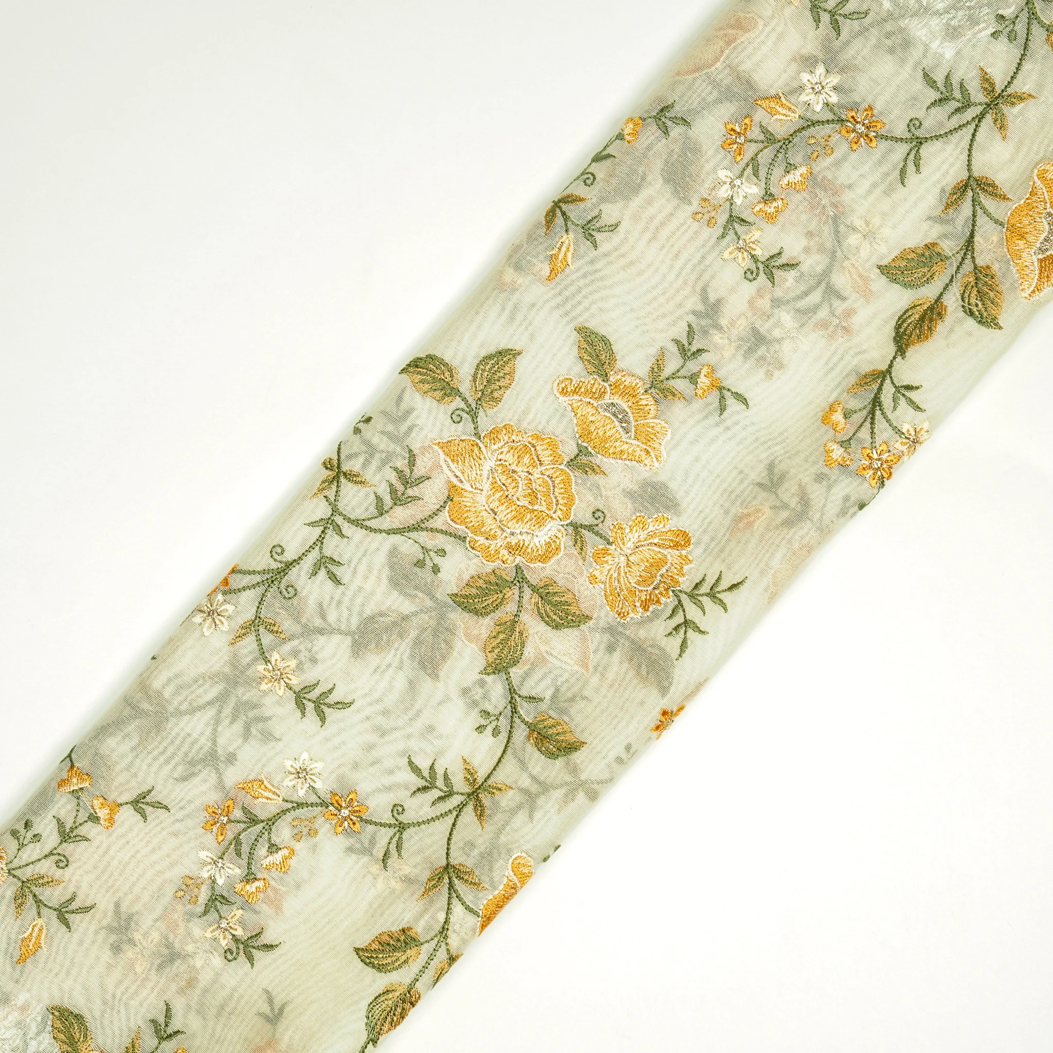 Isra Ivory/Gold Chanderi Embroidered Fabric in Jaal Pattern - Image 4