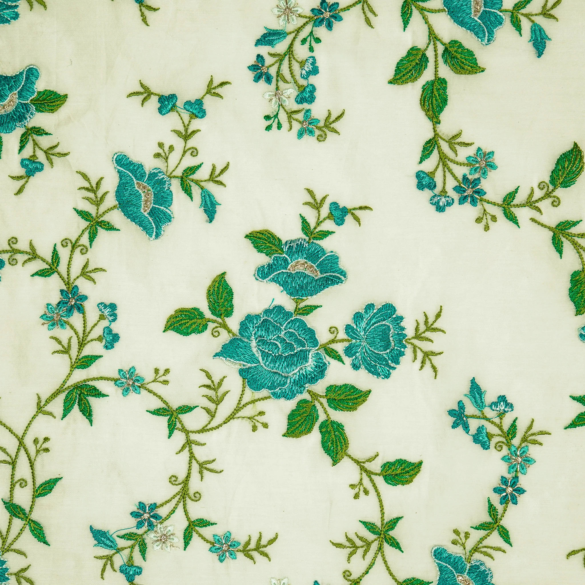Isra Ivory/Turquoise Chanderi Embroidered Fabric in Jaal Pattern - Image 3
