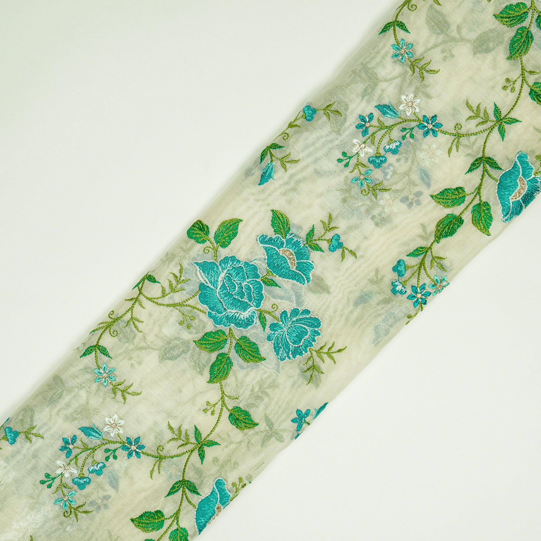 Isra Ivory/Turquoise Chanderi Embroidered Fabric in Jaal Pattern - Image 4