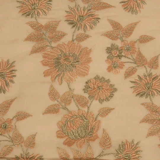 Kaasni Peach Viscose Georgette Embroidered Fabric in Jaal Pattern - Image 3