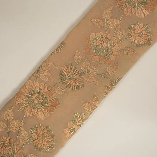 Kaasni Peach Viscose Georgette Embroidered Fabric in Jaal Pattern - Image 4