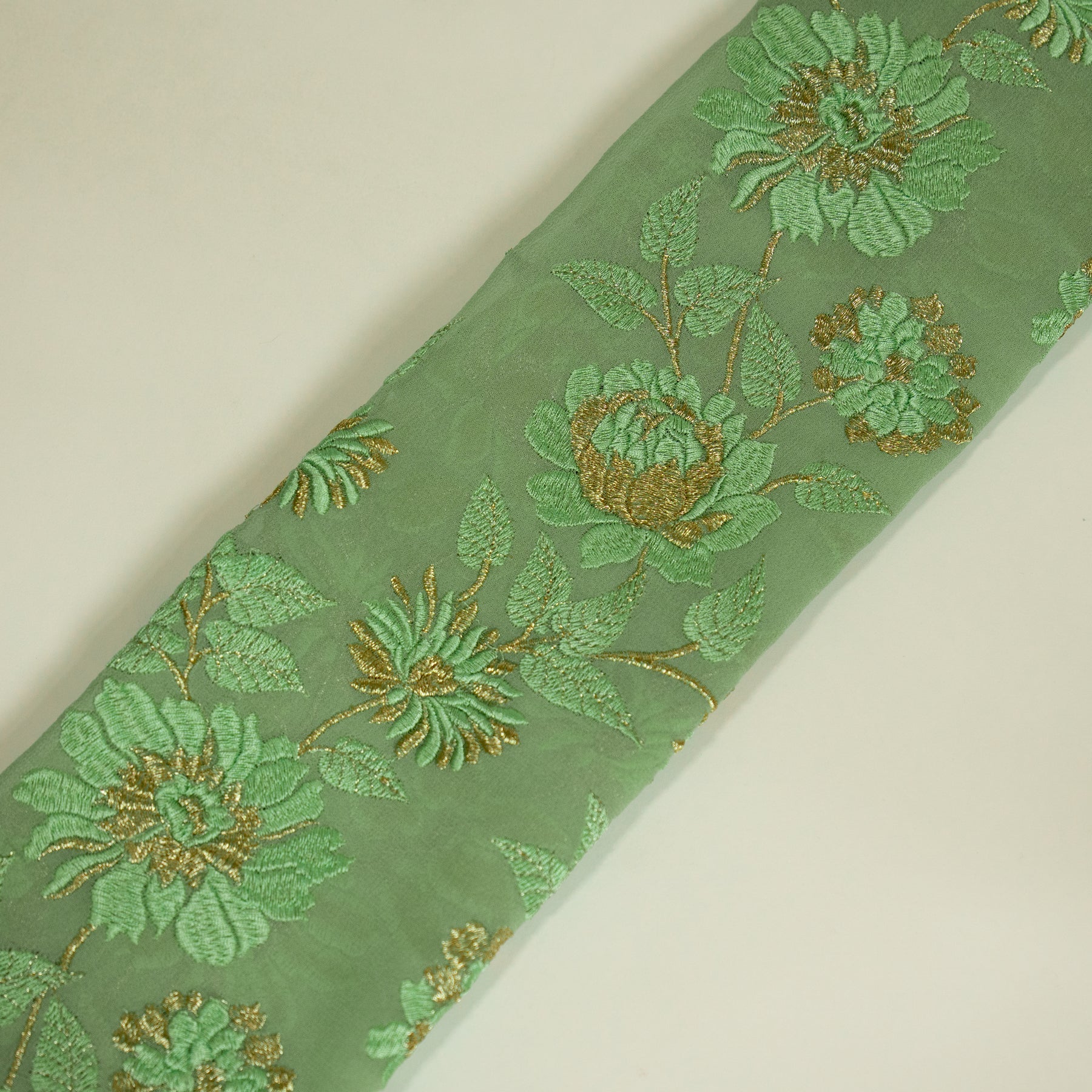 Kaasni Sea Green Viscose Georgette Embroidered Fabric in Jaal Pattern - Image 4