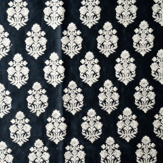 Ketki Deep Navy Chanderi Embroidered Fabric in Buta Pattern - Image 3