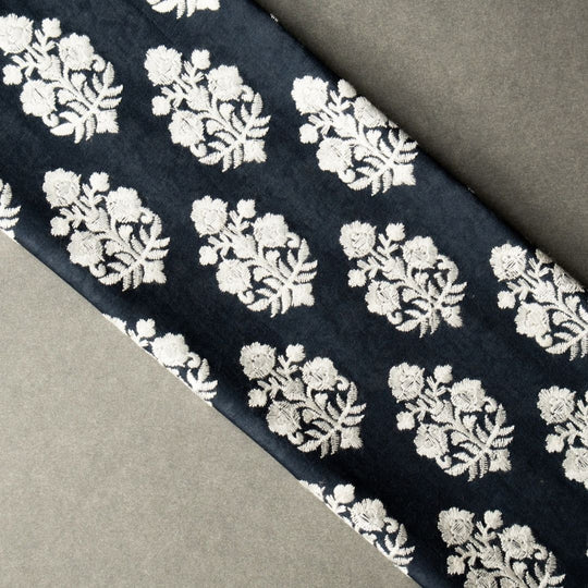 Ketki Deep Navy Chanderi Embroidered Fabric in Buta Pattern - Image 4