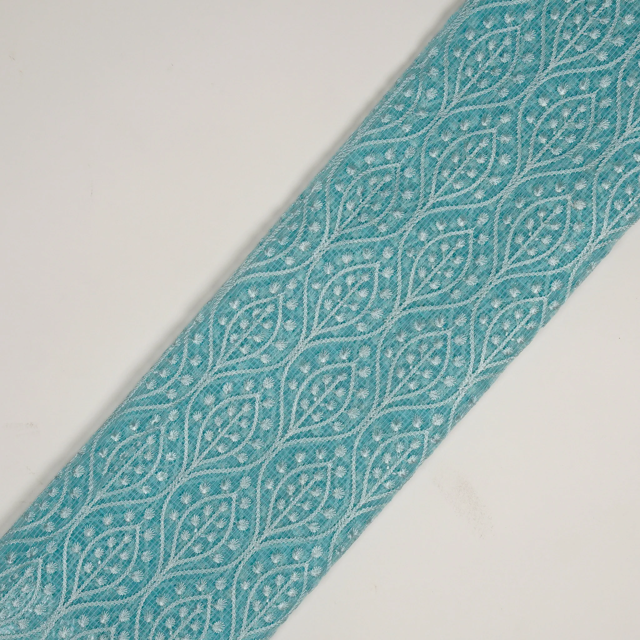 Laiba Turquoise Semi Munga Kota Embroidered Fabric in Jaal Pattern - Image 4