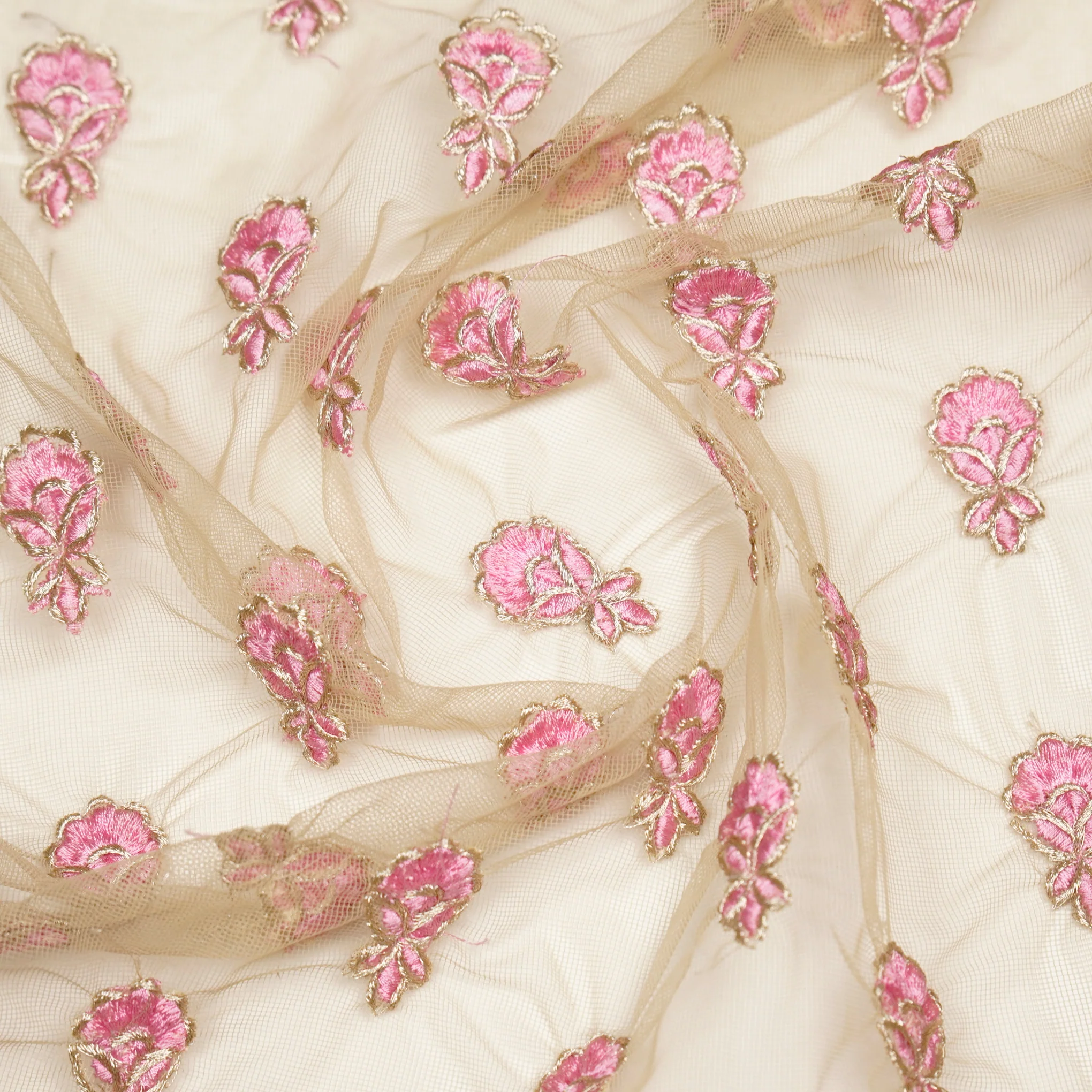 Lylah Ivory/Gajari Nylon Net Embroidered Fabric in Buti In Lines Pattern - Image 4