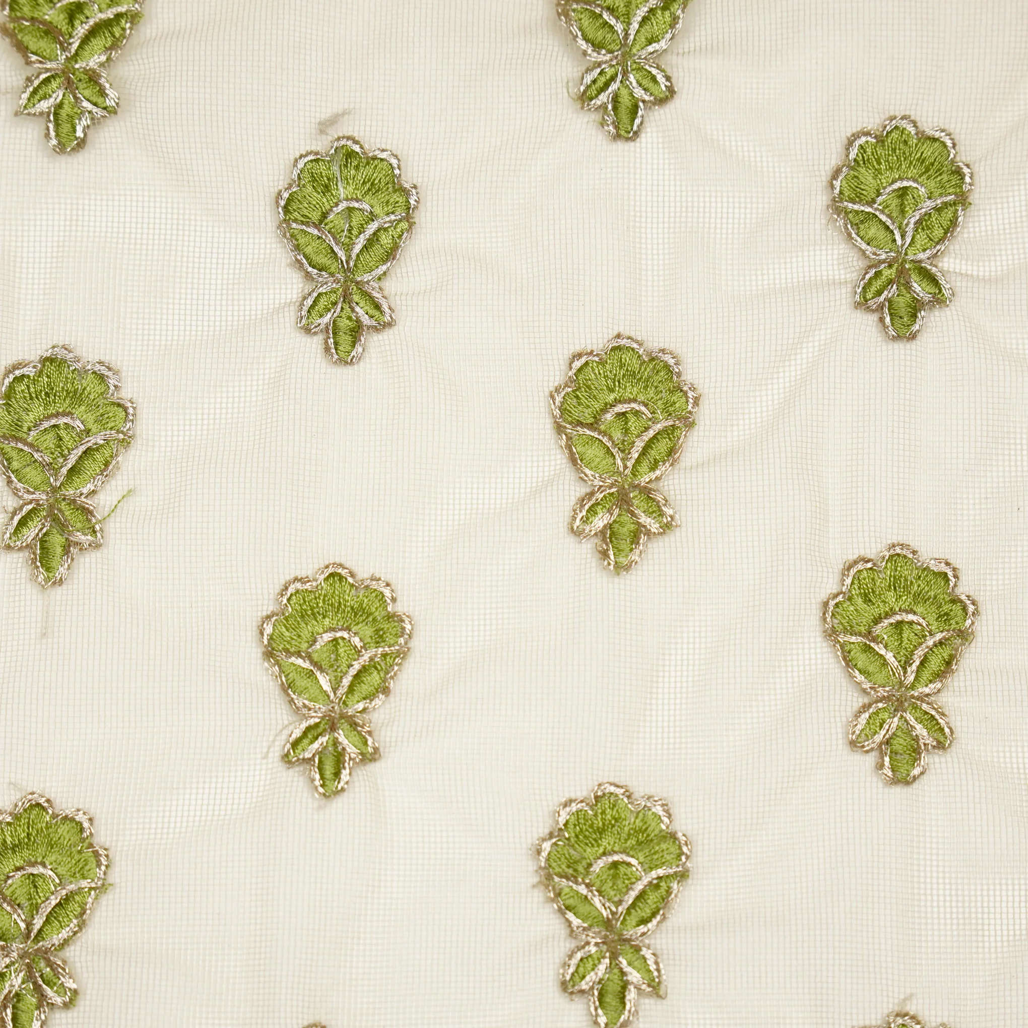 Lylah Ivory/Pista Nylon Net Embroidered Fabric in Buti In Lines Pattern - Image 3